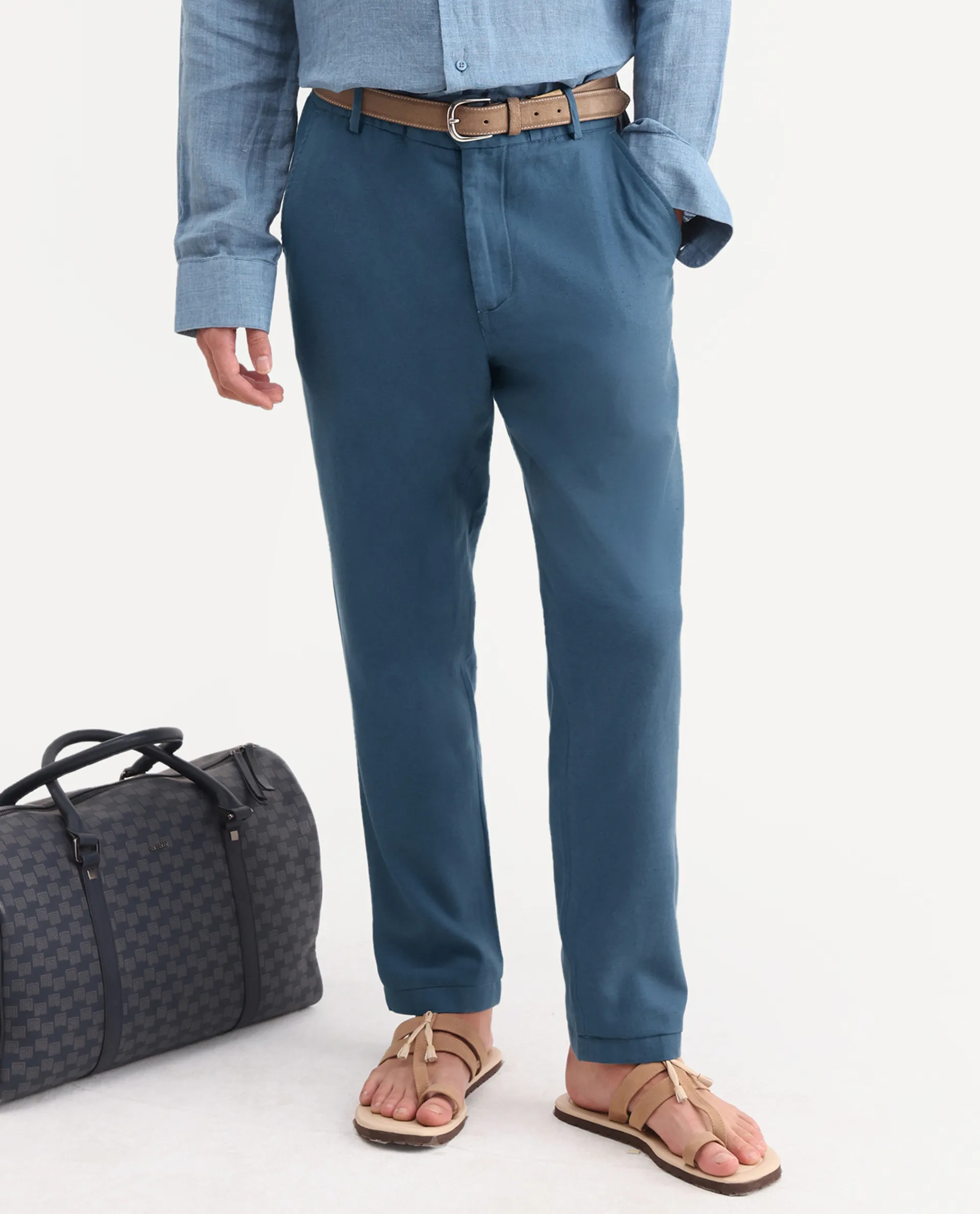 Rare Rabbit Men's Linol-T Dusky Petrol Linen Blend Fabric Regular Fit Drawstring Plain Trouser - Image 6