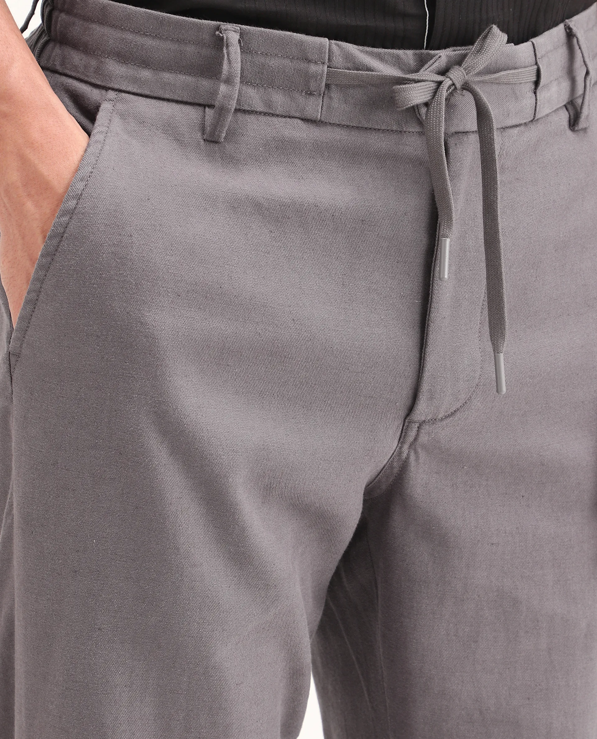 Rare Rabbit Men's Linol-T Grey Linen Blend Fabric Regular Fit Drawstring Plain Trouser - Image 3