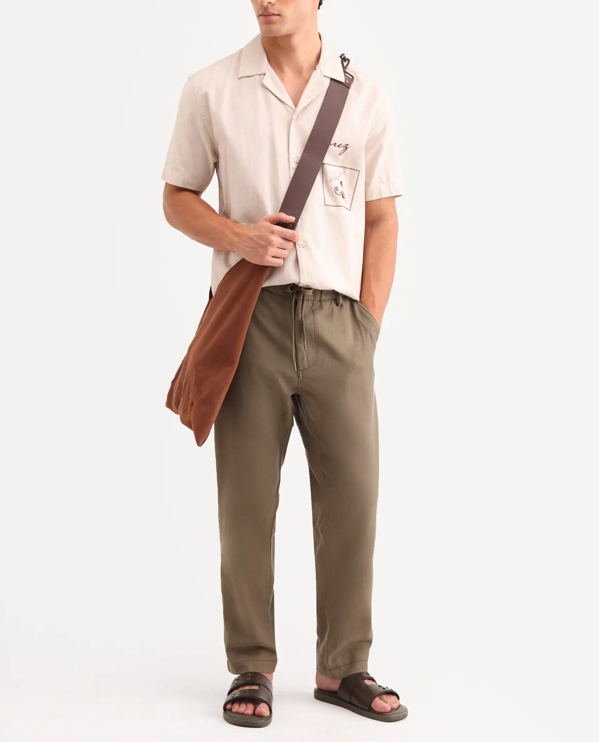 Rare Rabbit Men's Linol-T Khaki Linen Blend Fabric Regular Fit Drawstring Plain Trouser - Image 2