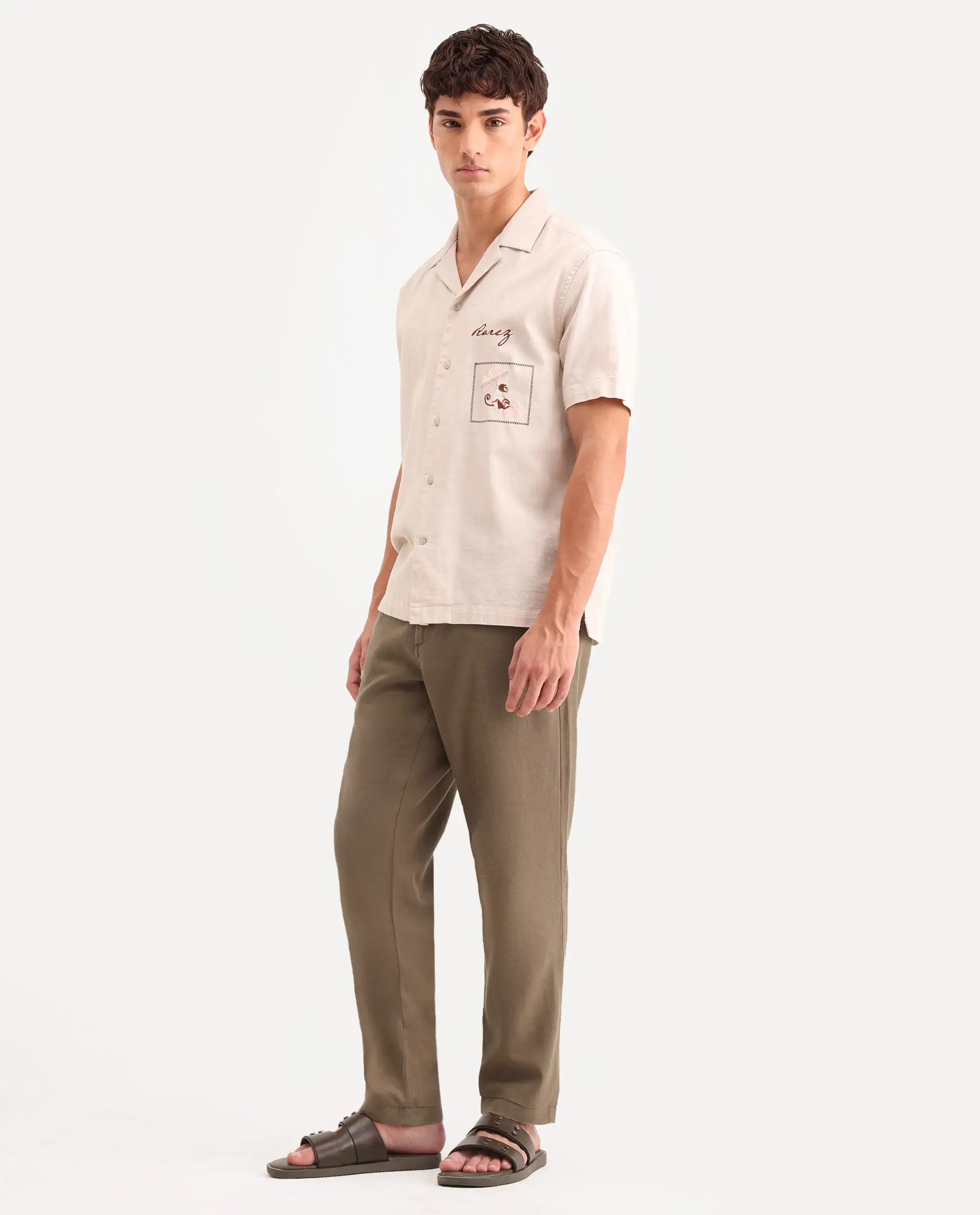 Rare Rabbit Men's Linol-T Khaki Linen Blend Fabric Regular Fit Drawstring Plain Trouser - Image 4