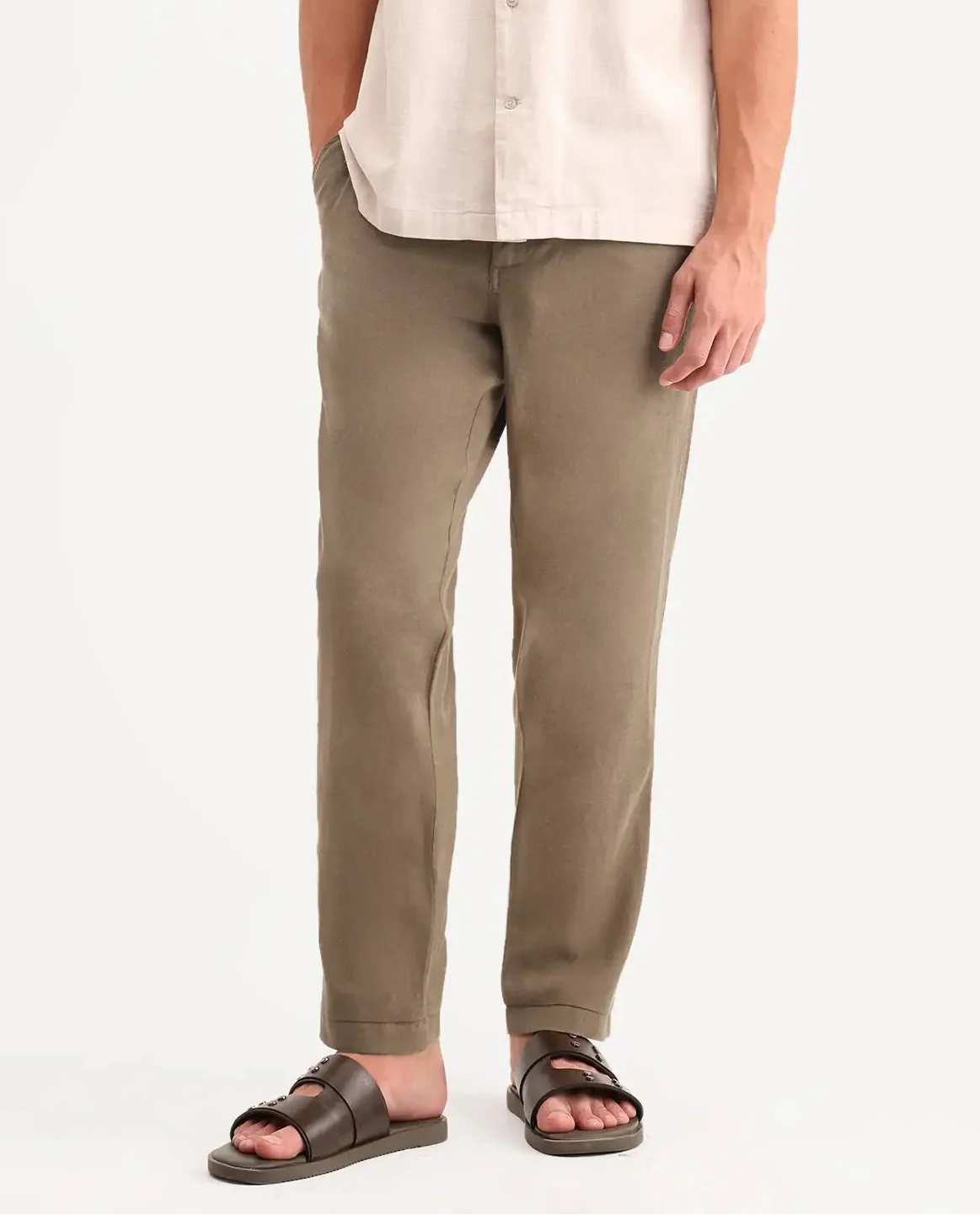 Rare Rabbit Men's Linol-T Khaki Linen Blend Fabric Regular Fit Drawstring Plain Trouser - Image 8