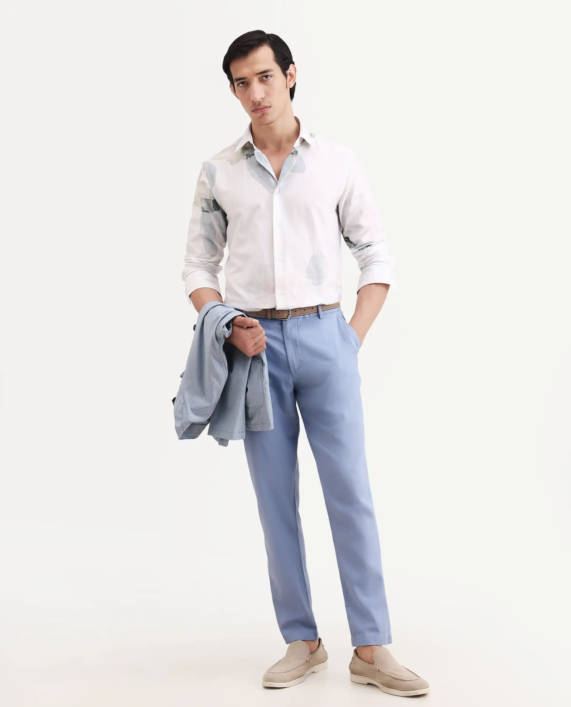 Rare Rabbit Men's Linol-T Light Blue Linen Blend Fabric Regular Fit Drawstring Plain Trouser