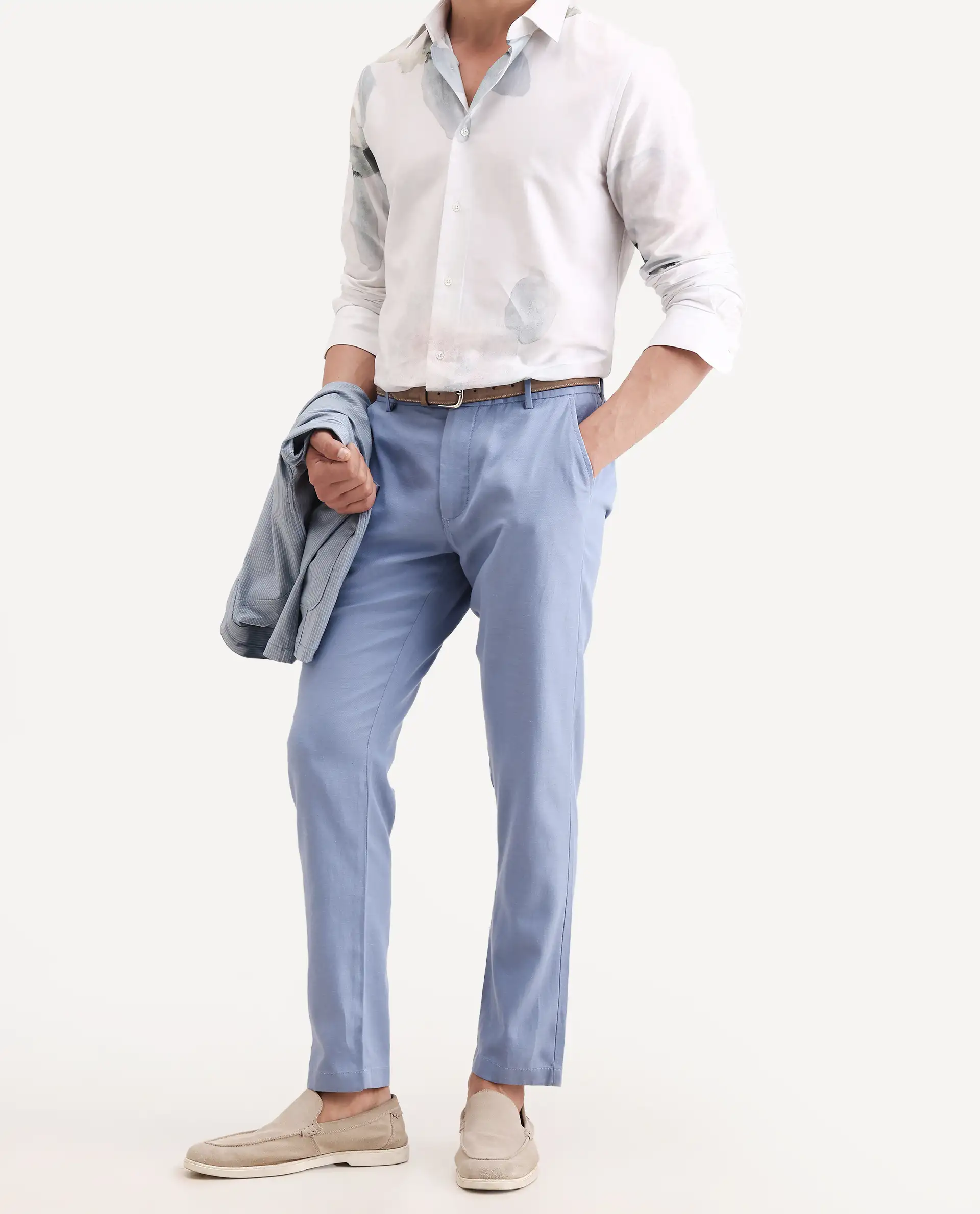 Rare Rabbit Men's Linol-T Light Blue Linen Blend Fabric Regular Fit Drawstring Plain Trouser - Image 2