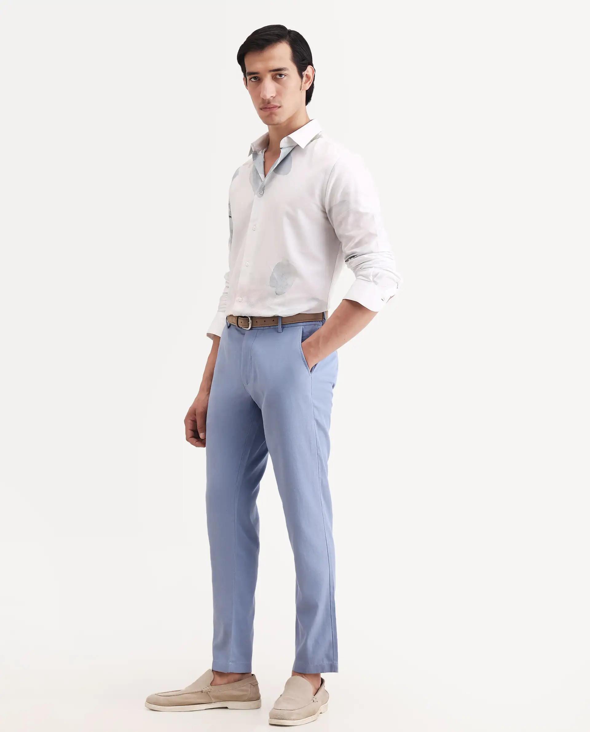 Rare Rabbit Men's Linol-T Light Blue Linen Blend Fabric Regular Fit Drawstring Plain Trouser - Image 5