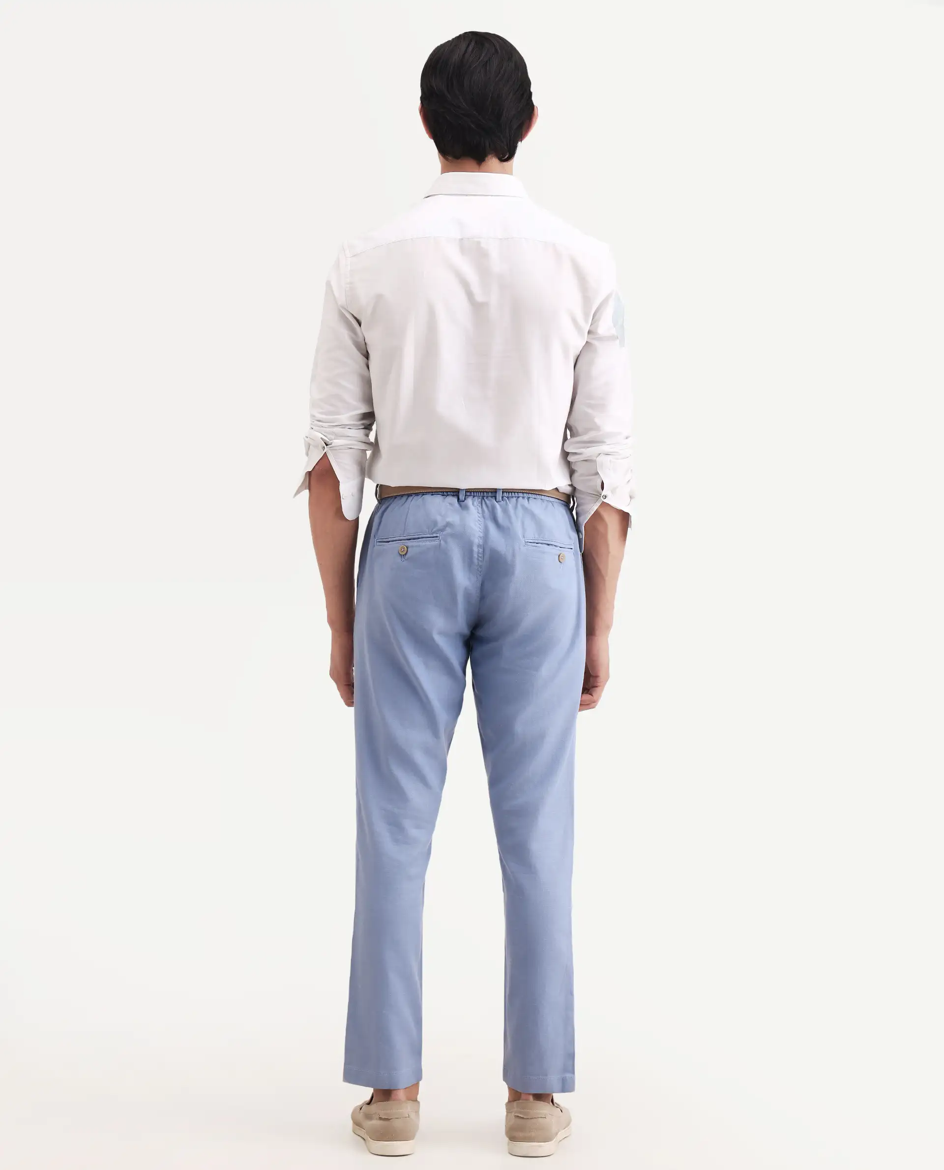 Rare Rabbit Men's Linol-T Light Blue Linen Blend Fabric Regular Fit Drawstring Plain Trouser - Image 7