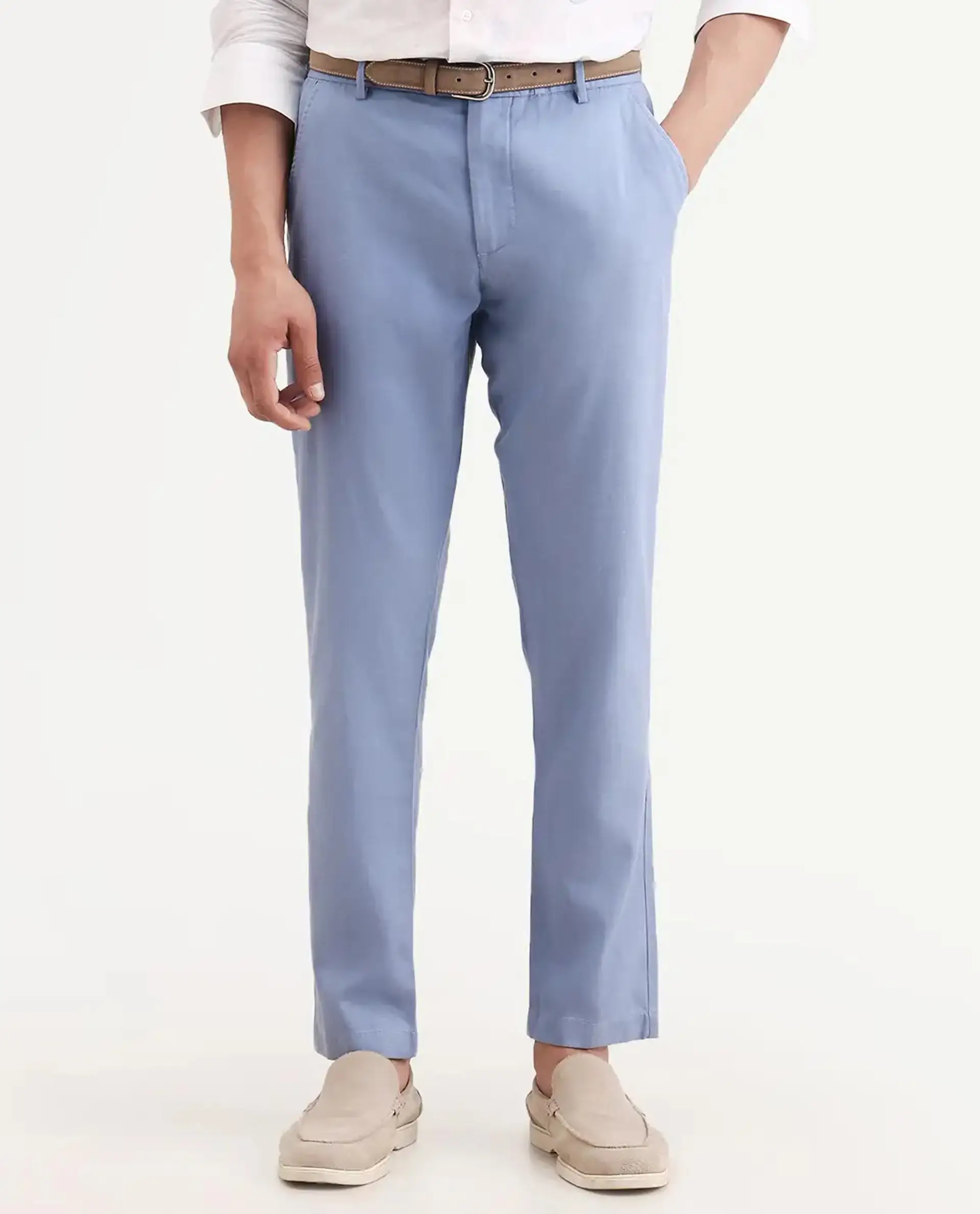 Rare Rabbit Men's Linol-T Light Blue Linen Blend Fabric Regular Fit Drawstring Plain Trouser - Image 8