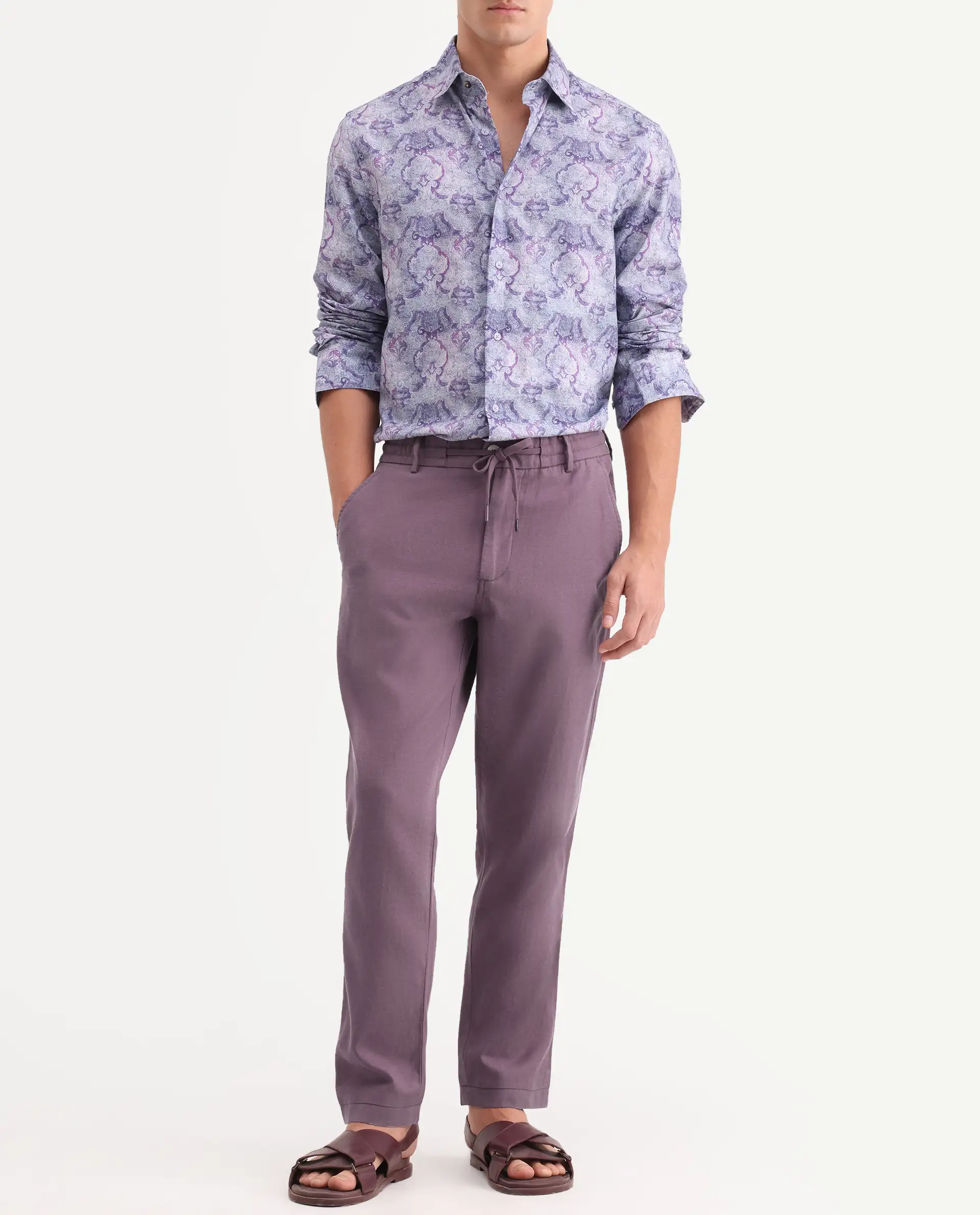 Rare Rabbit Men's Linol-T Purple Linen Blend Fabric Regular Fit Drawstring Plain Trouser - Image 2