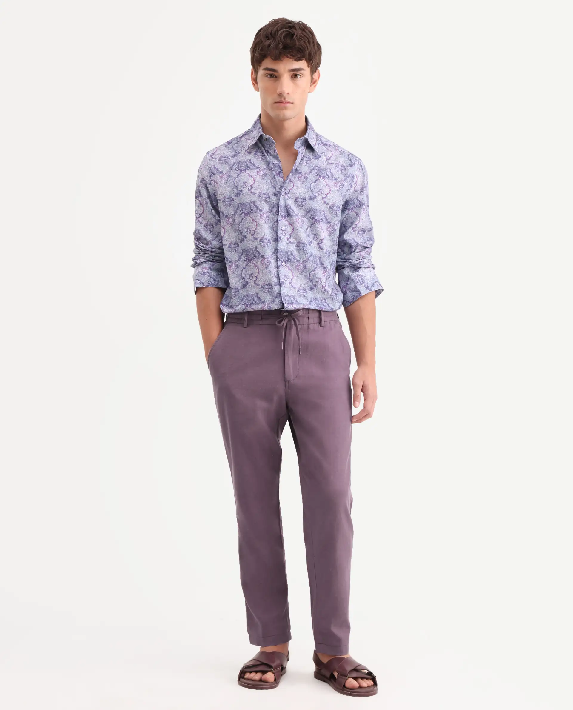 Rare Rabbit Men's Linol-T Purple Linen Blend Fabric Regular Fit Drawstring Plain Trouser - Image 4