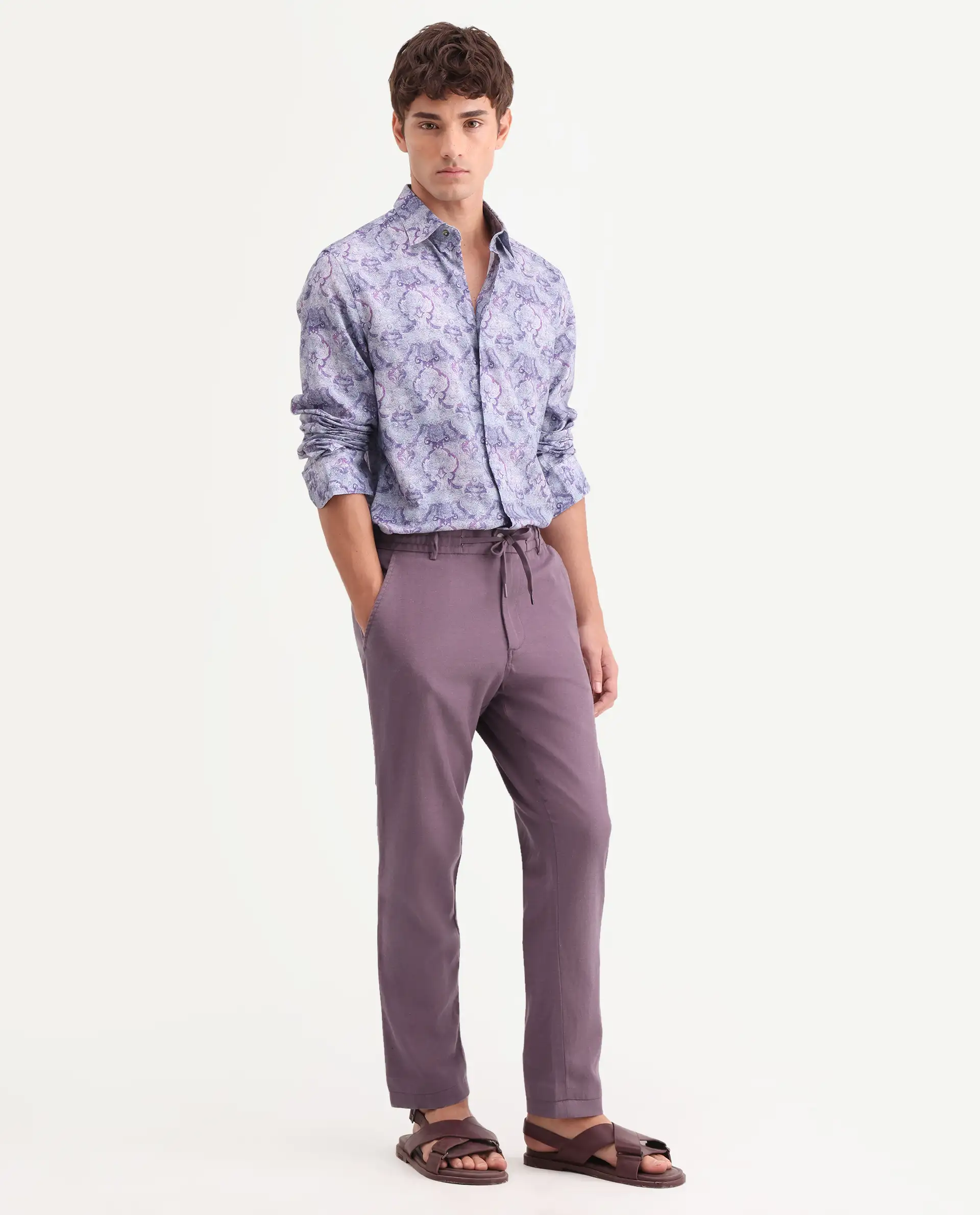 Rare Rabbit Men's Linol-T Purple Linen Blend Fabric Regular Fit Drawstring Plain Trouser - Image 5