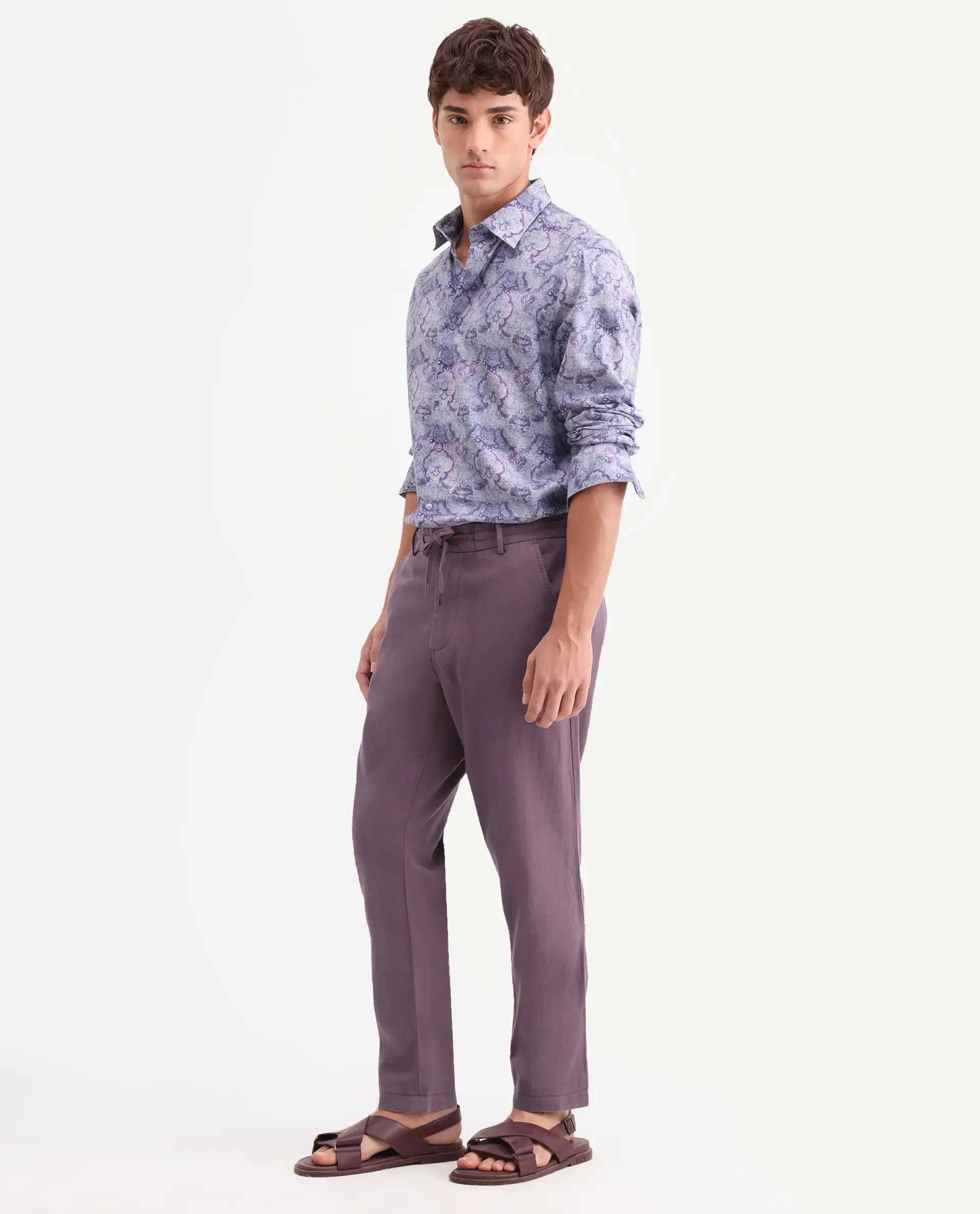 Rare Rabbit Men's Linol-T Purple Linen Blend Fabric Regular Fit Drawstring Plain Trouser - Image 6