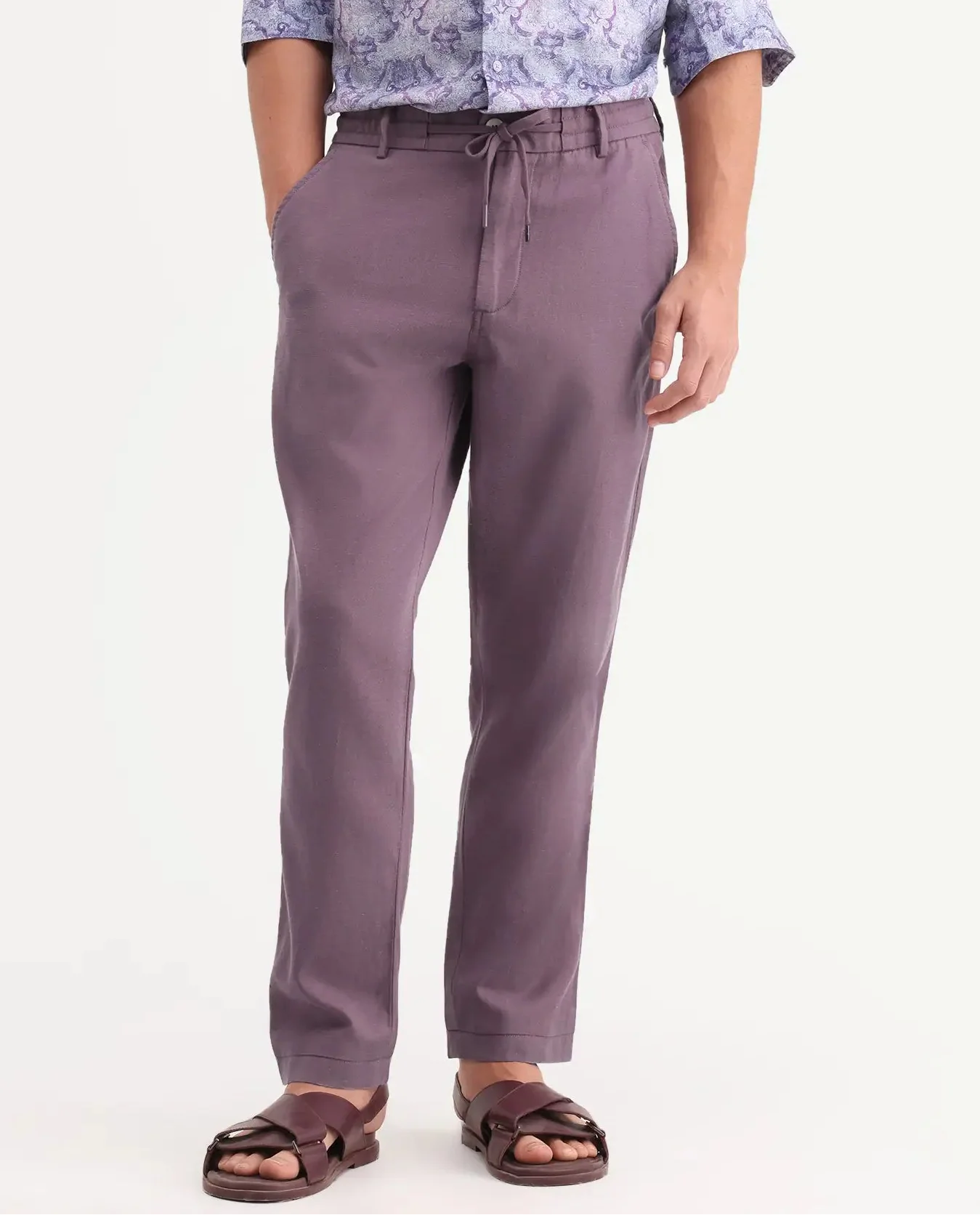 Rare Rabbit Men's Linol-T Purple Linen Blend Fabric Regular Fit Drawstring Plain Trouser - Image 8