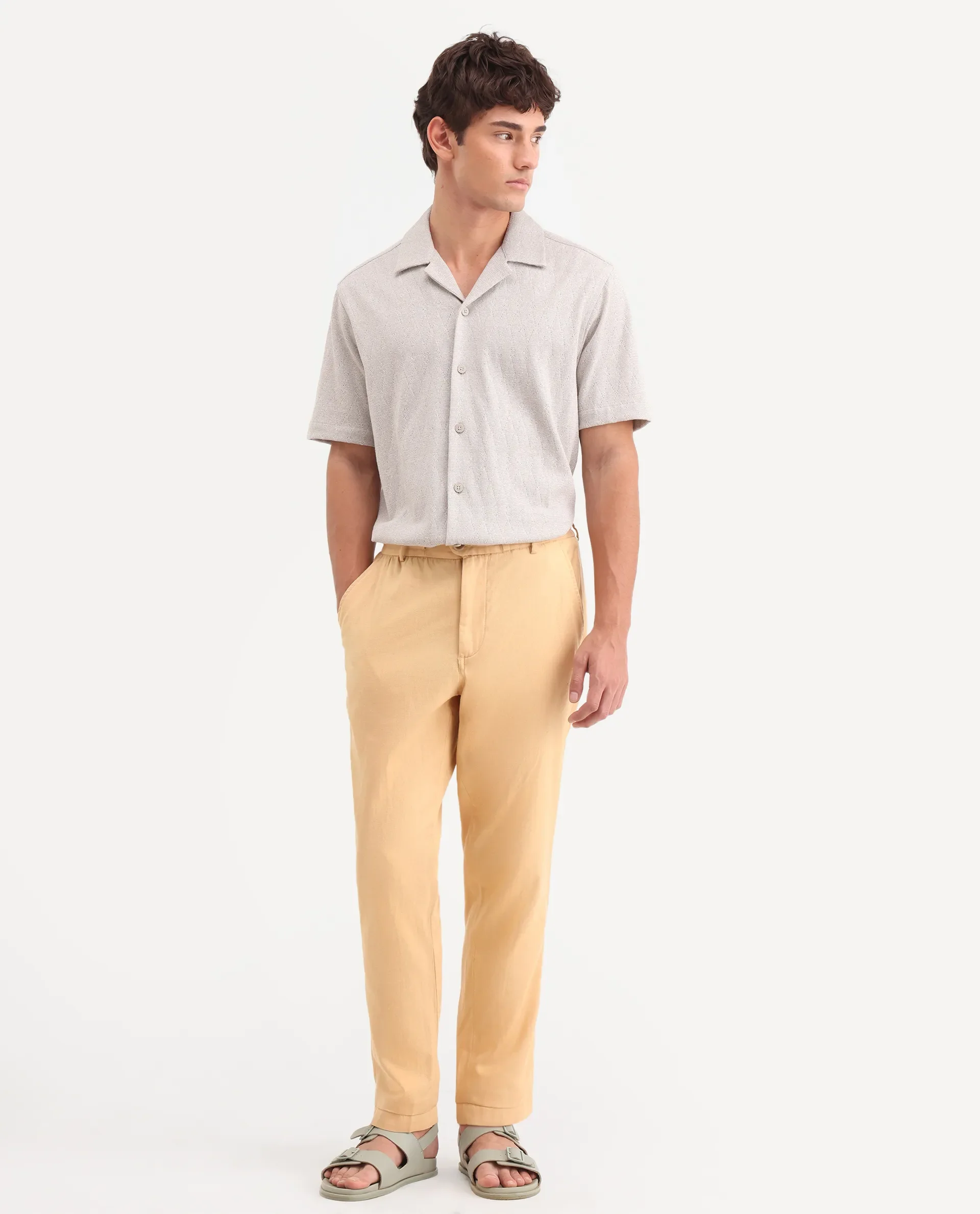 Rare Rabbit Men's Linol-T Yellow Linen Blend Fabric Regular Fit Drawstring Plain Trouser - Image 5