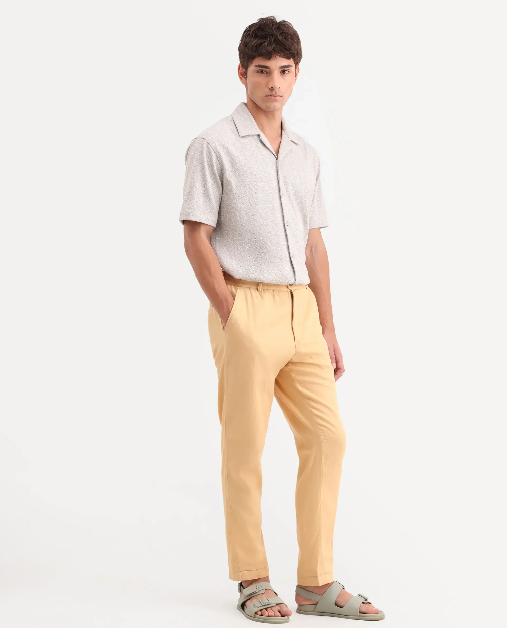 Rare Rabbit Men's Linol-T Yellow Linen Blend Fabric Regular Fit Drawstring Plain Trouser - Image 6