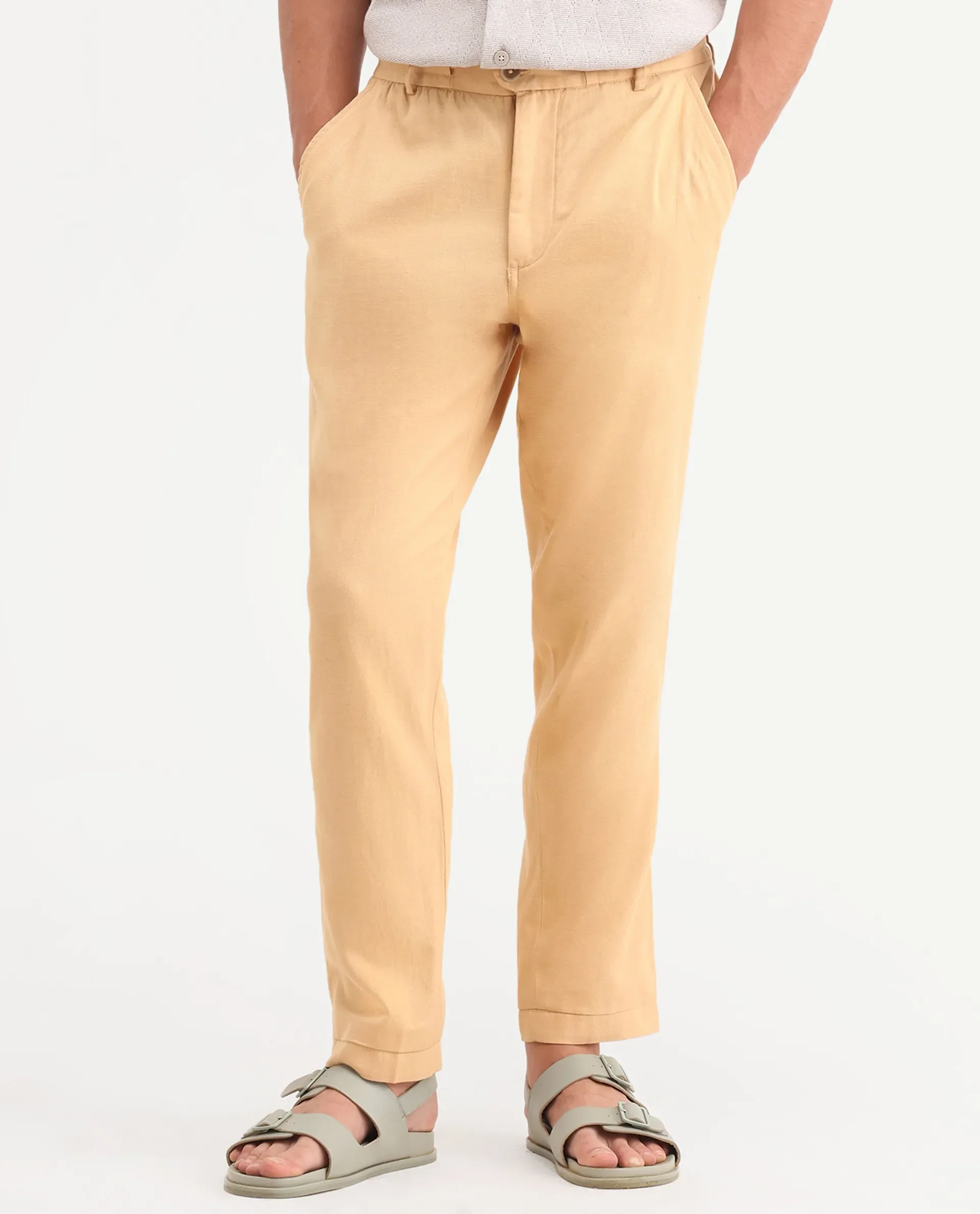 Rare Rabbit Men's Linol-T Yellow Linen Blend Fabric Regular Fit Drawstring Plain Trouser - Image 8