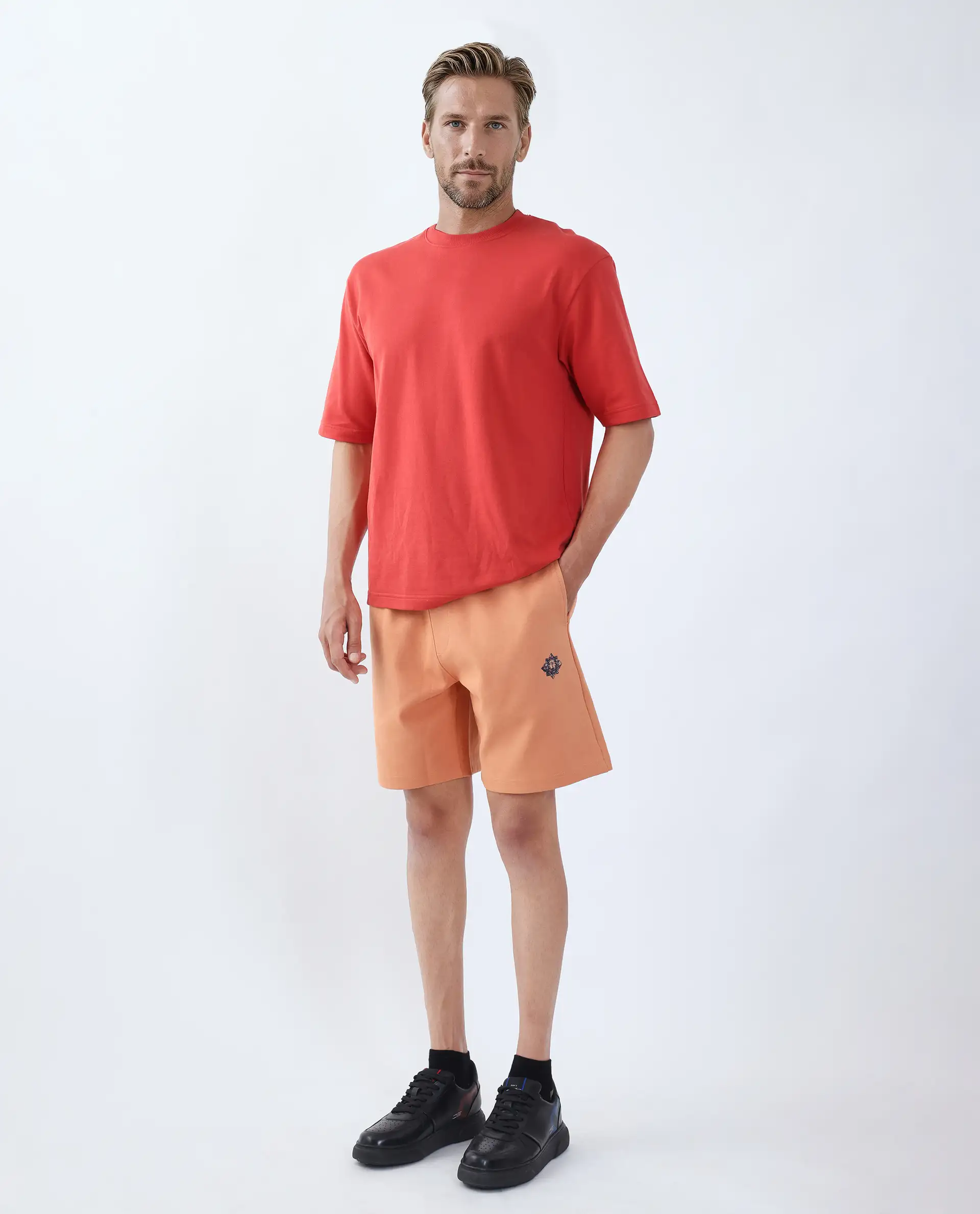 Rare Rabbit Men's Linor Dark Orange Cotton Blend Plain Regular Fit Shorts - Image 2