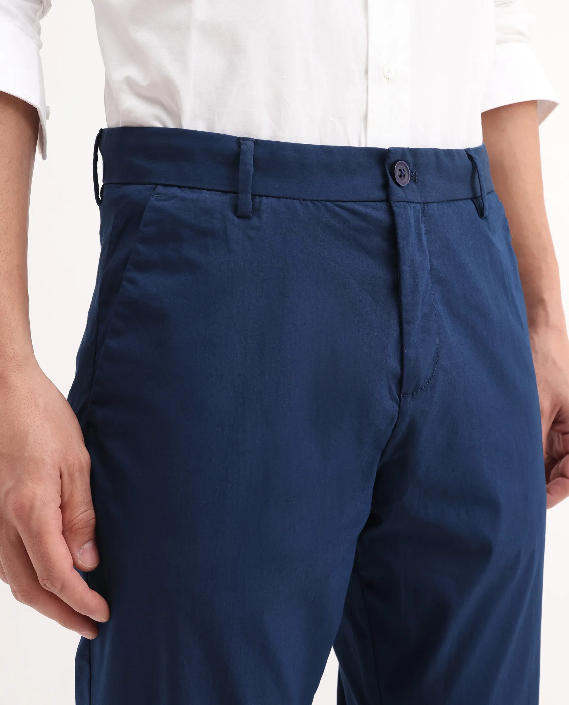Rare Rabbit Men's Linotel Blue Cotton Blend Plain Regular Fit Trouser - Image 3