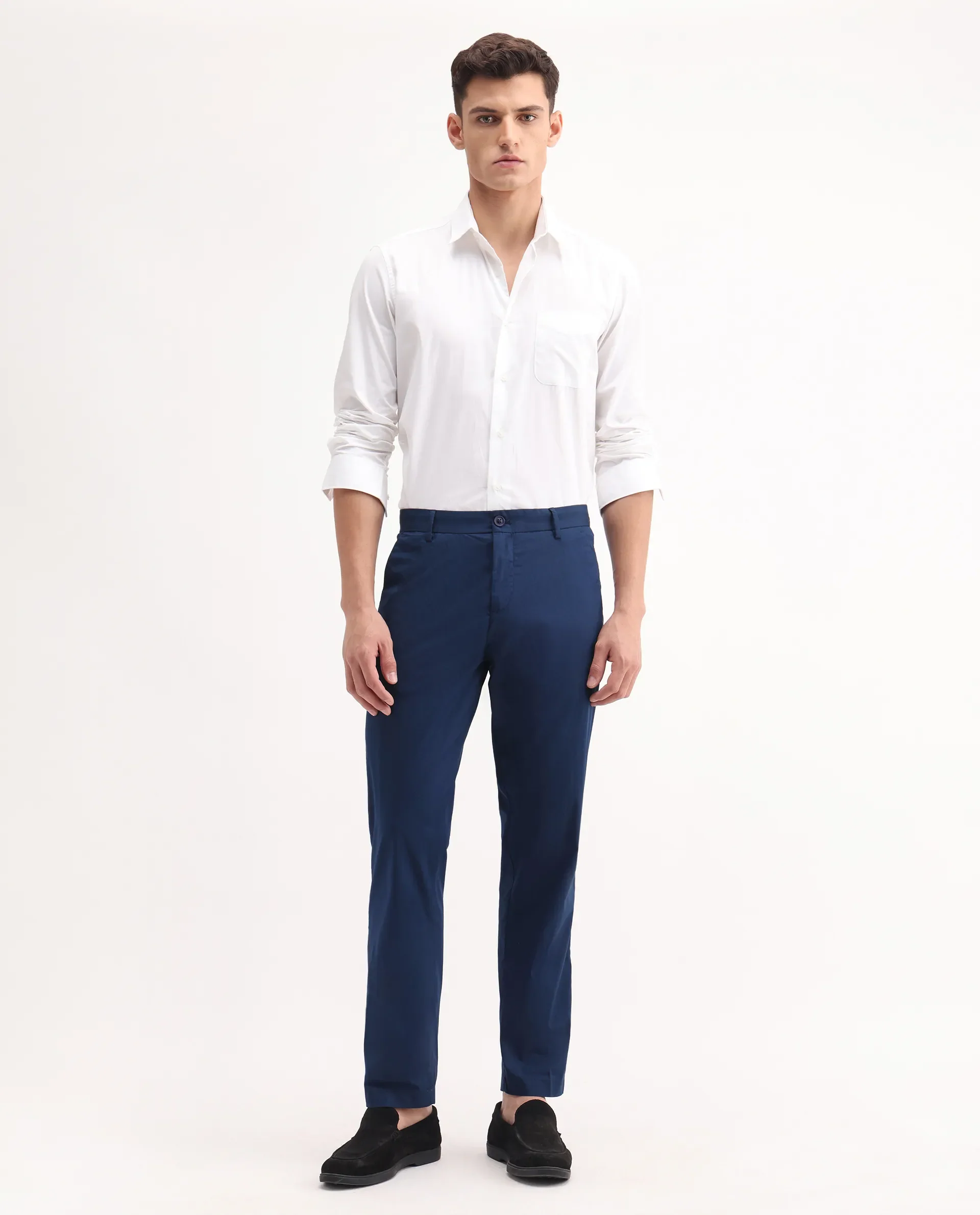 Rare Rabbit Men's Linotel Blue Cotton Blend Plain Regular Fit Trouser - Image 4