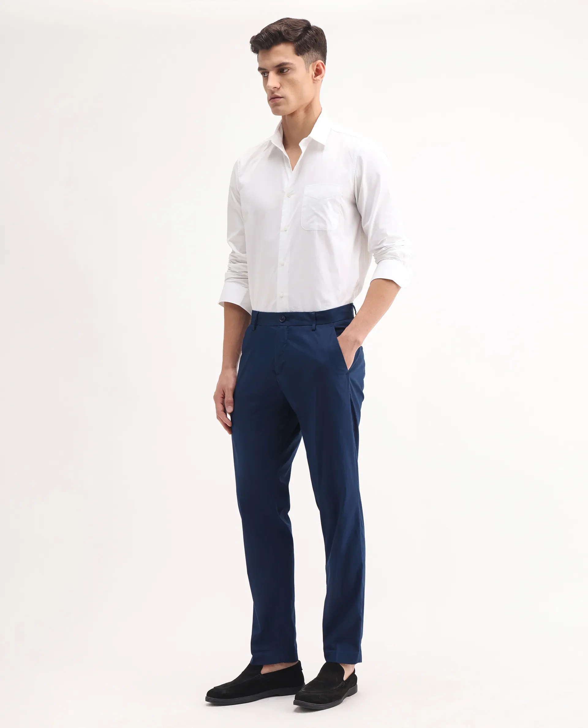 Rare Rabbit Men's Linotel Blue Cotton Blend Plain Regular Fit Trouser - Image 6