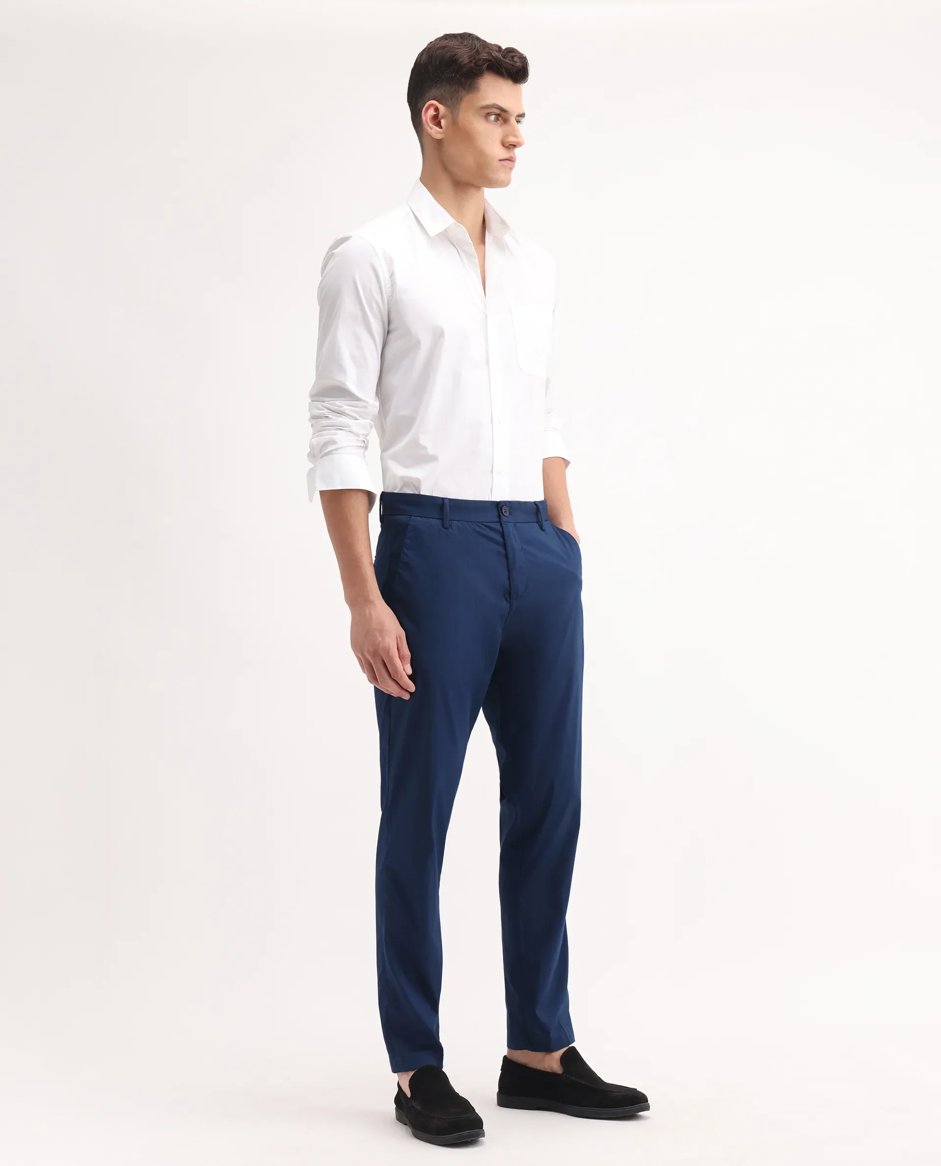 Rare Rabbit Men's Linotel Blue Cotton Blend Plain Regular Fit Trouser - Image 7