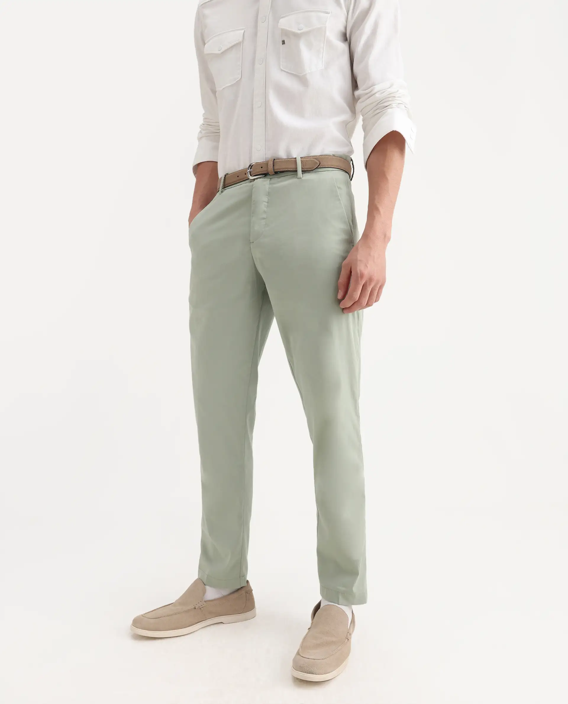 Rare Rabbit Men's Linotel Pastel Green Cotton Blend Plain Regular Fit Trouser - Image 2