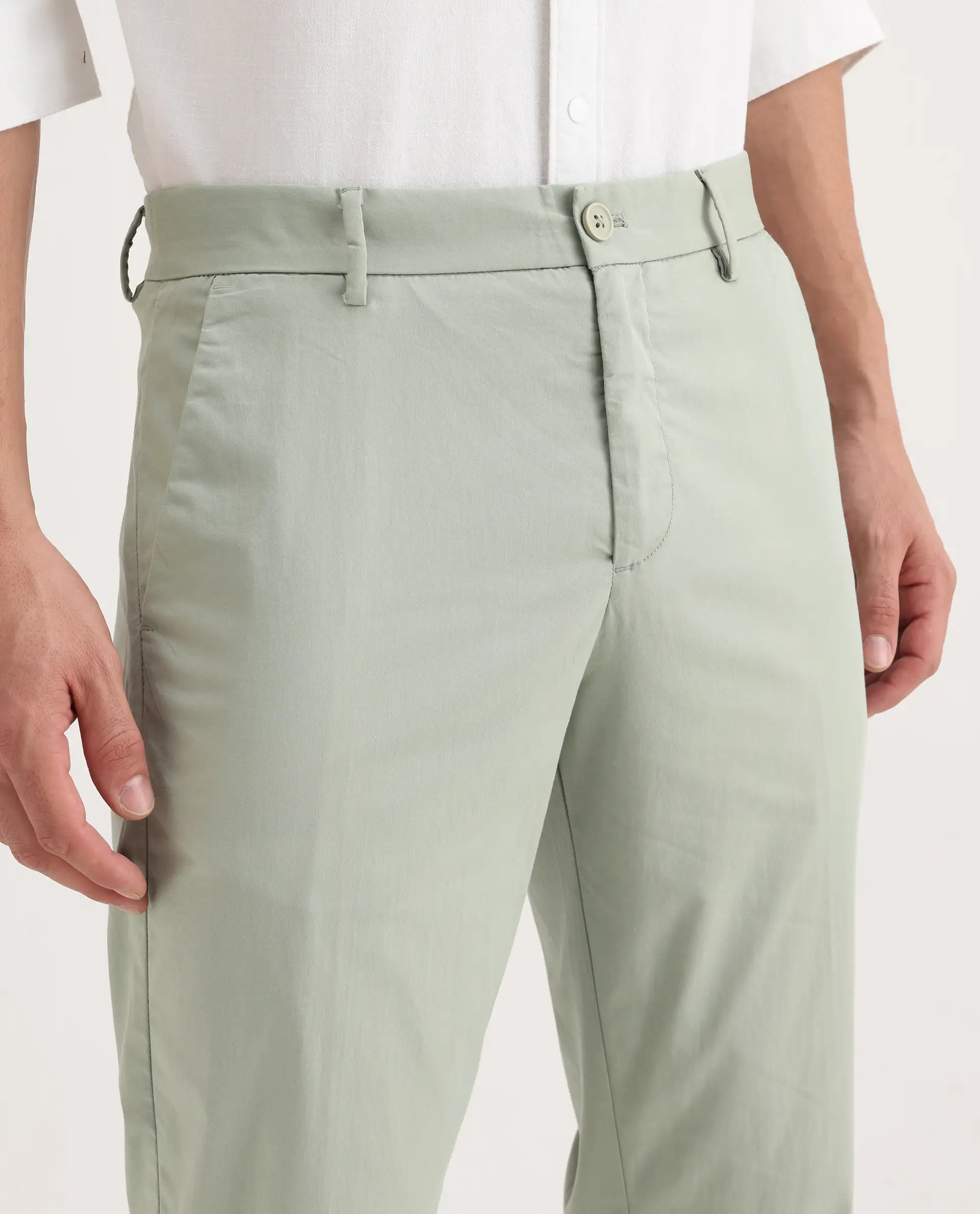 Rare Rabbit Men's Linotel Pastel Green Cotton Blend Plain Regular Fit Trouser - Image 3