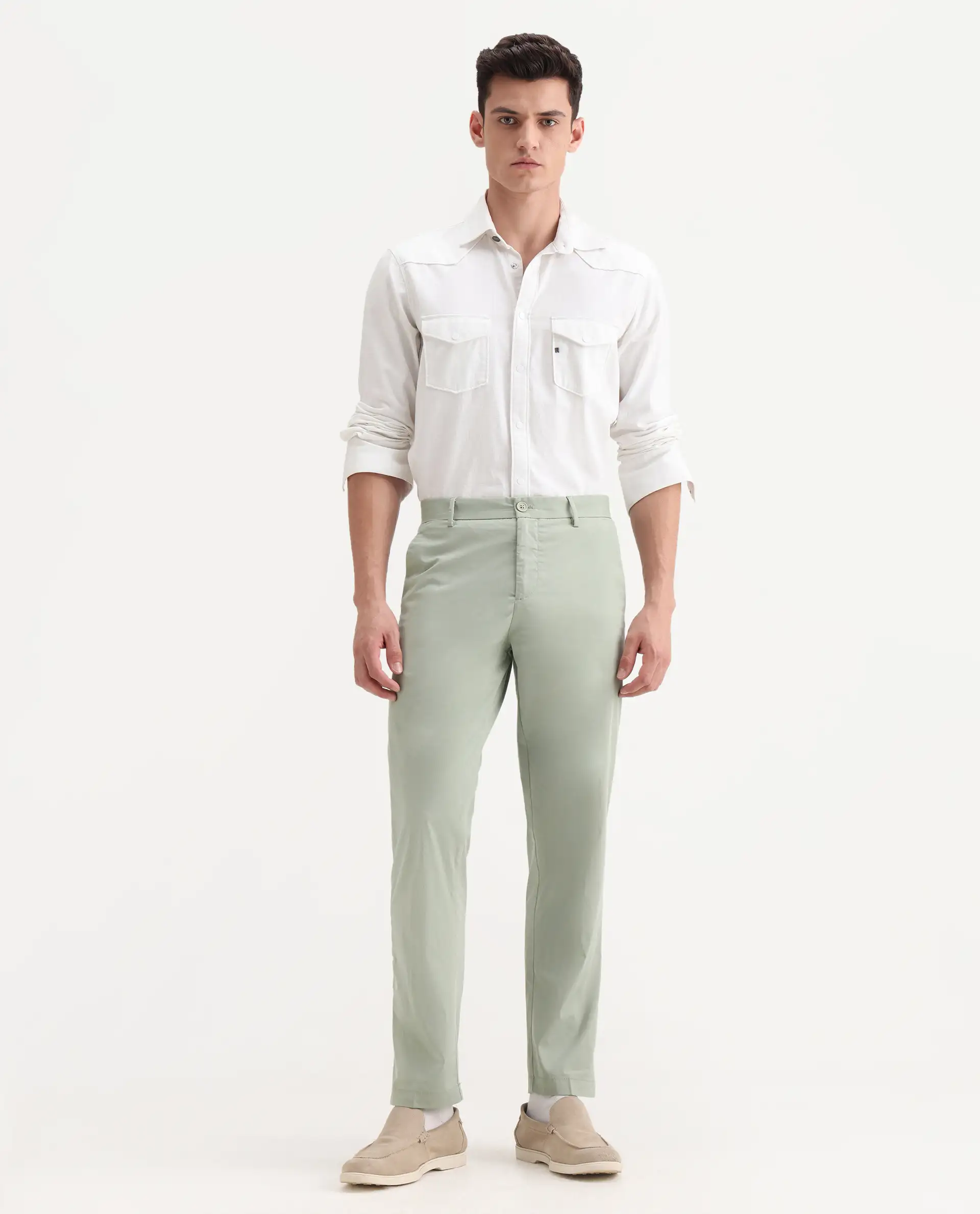 Rare Rabbit Men's Linotel Pastel Green Cotton Blend Plain Regular Fit Trouser - Image 4