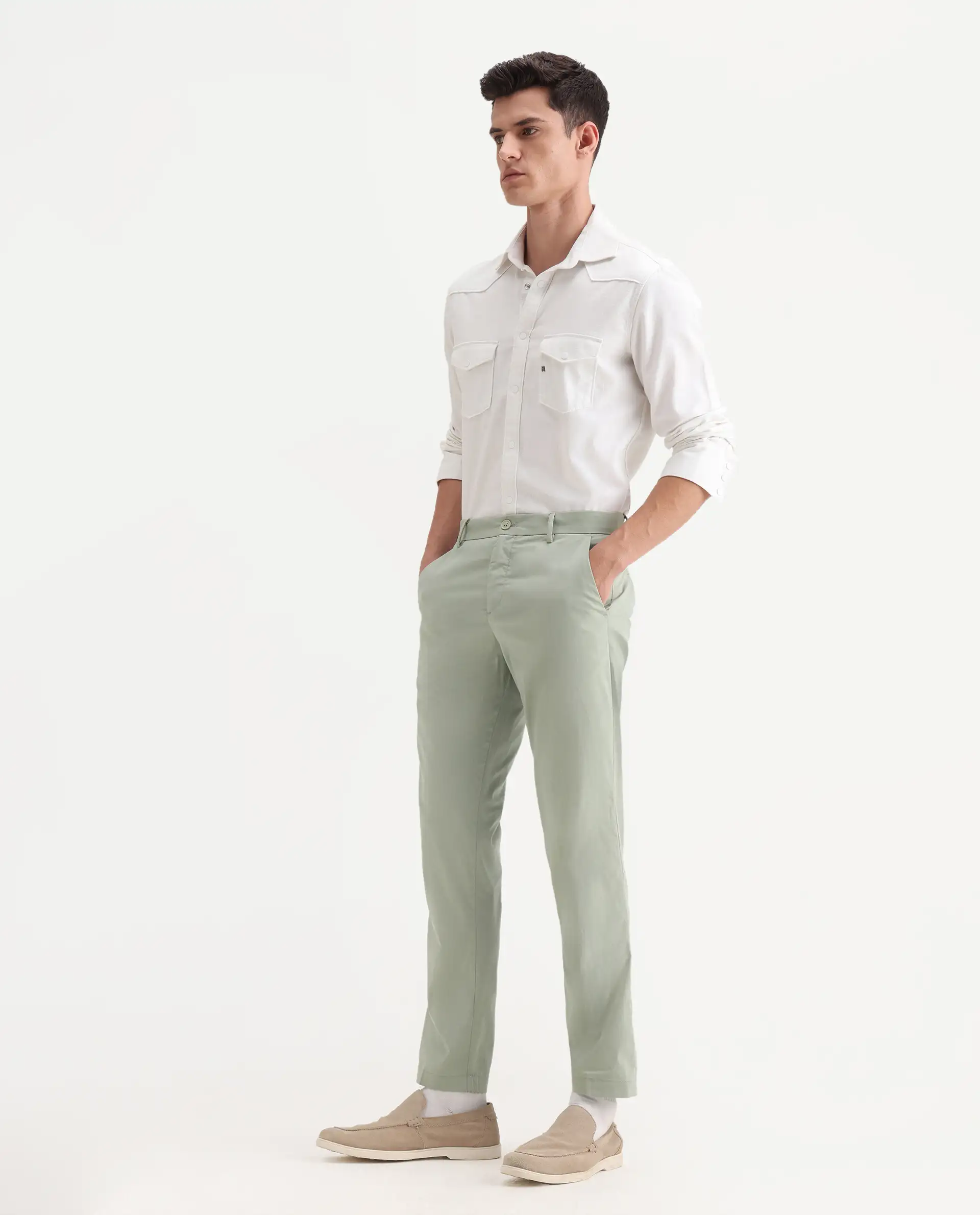 Rare Rabbit Men's Linotel Pastel Green Cotton Blend Plain Regular Fit Trouser - Image 5