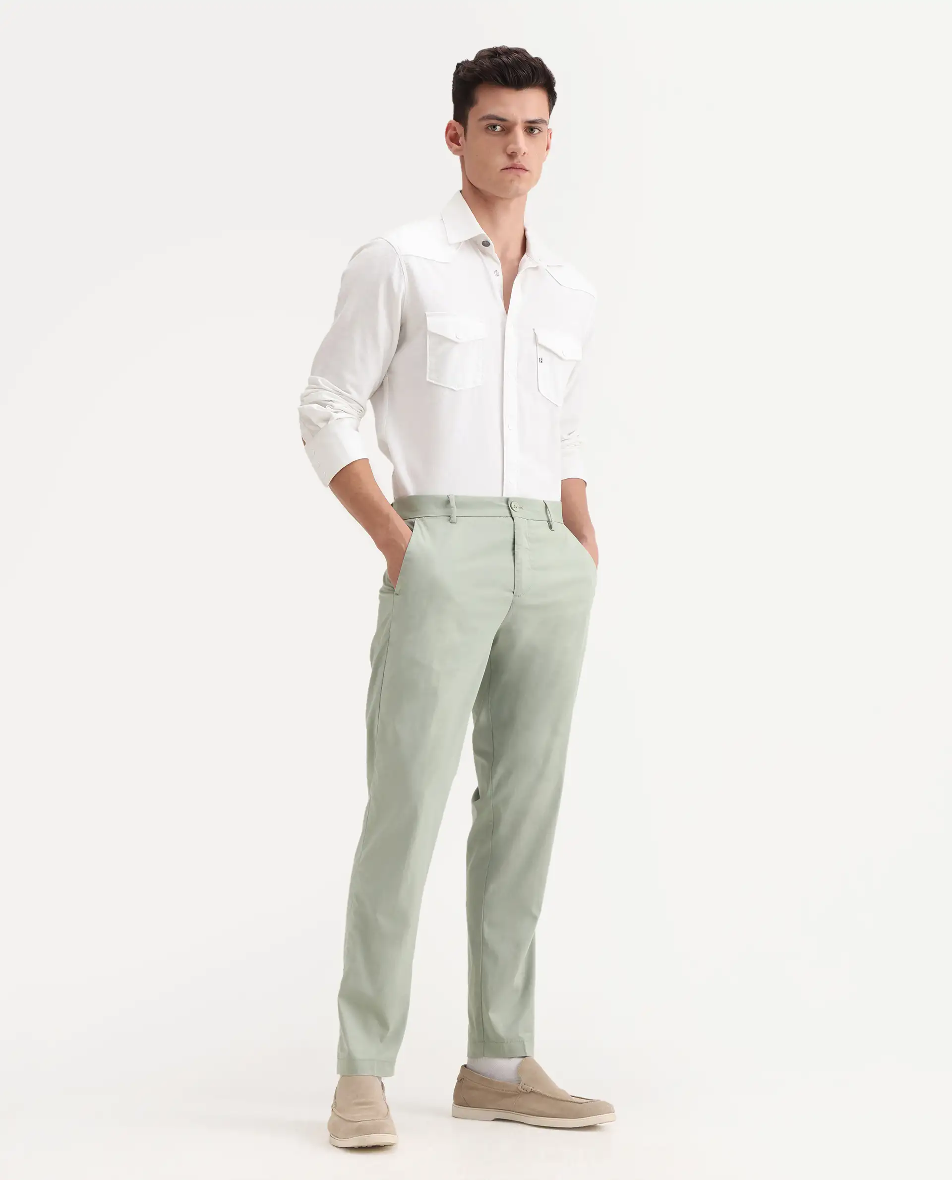 Rare Rabbit Men's Linotel Pastel Green Cotton Blend Plain Regular Fit Trouser - Image 7