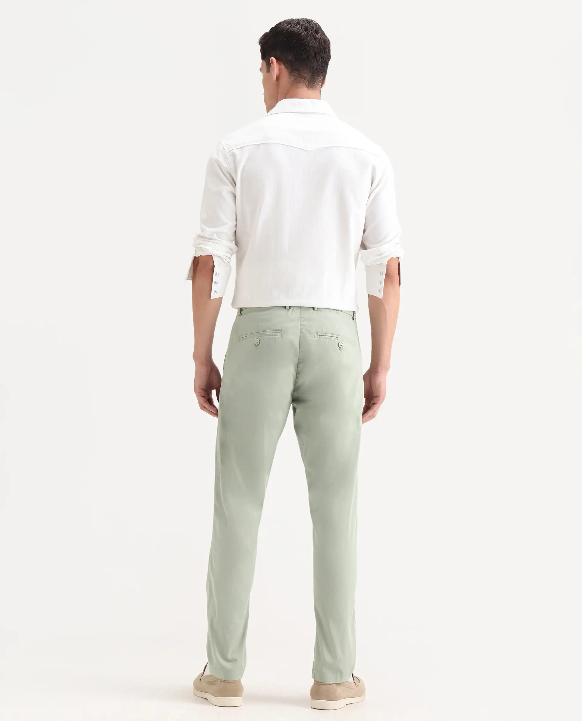 Rare Rabbit Men's Linotel Pastel Green Cotton Blend Plain Regular Fit Trouser - Image 8
