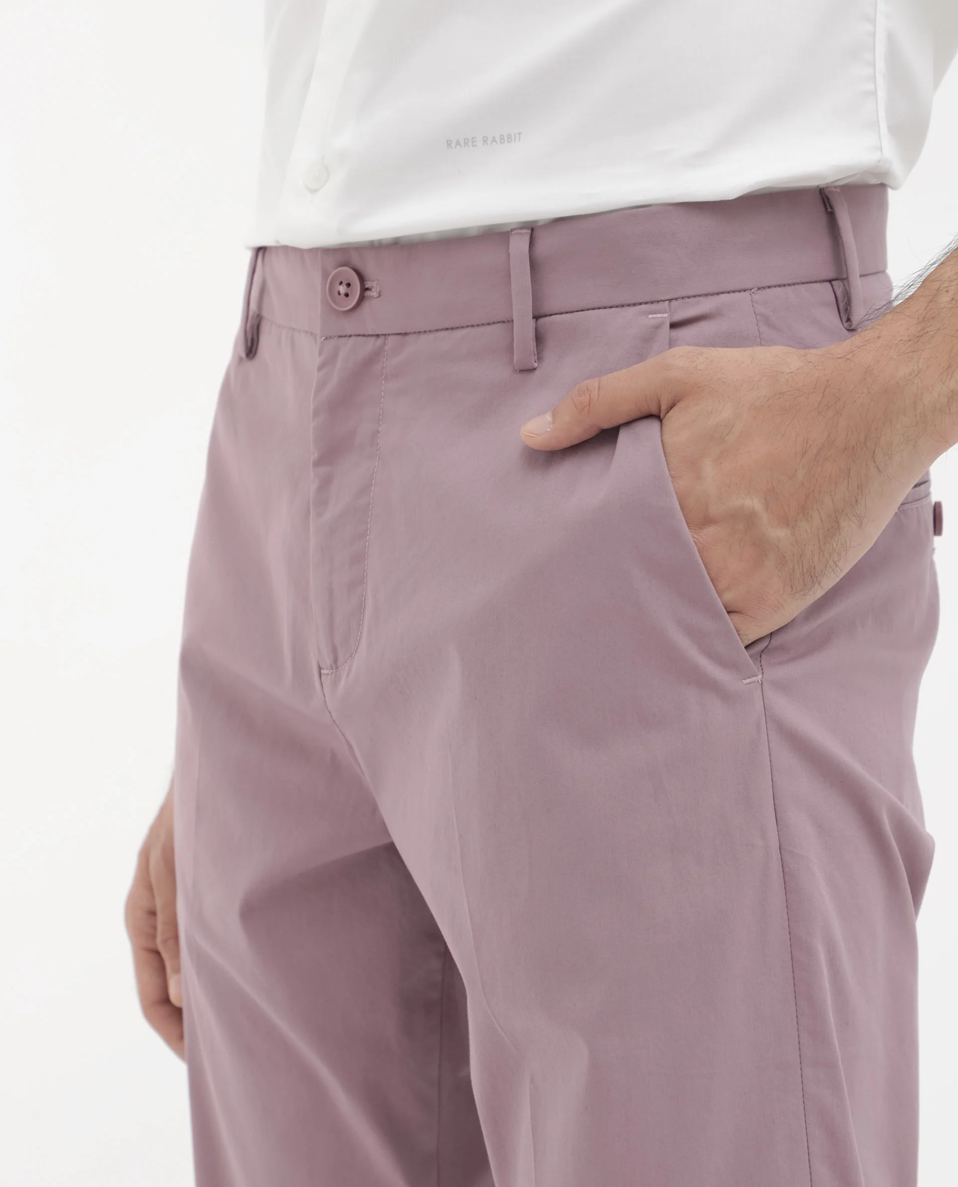 Rare Rabbit Men's Linotel Pastel Pink Cotton Blend Plain Regular Fit Trouser - Image 3