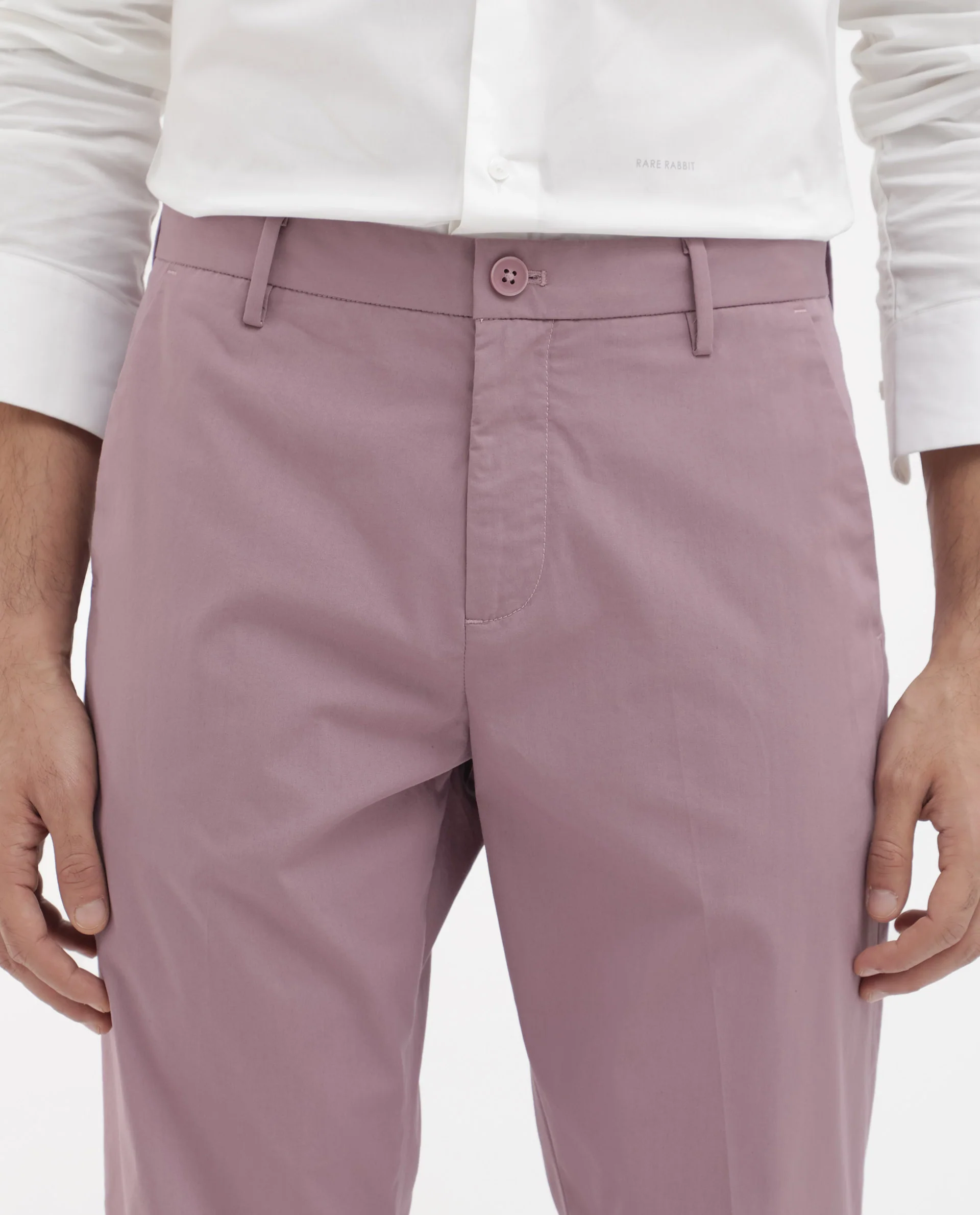 Rare Rabbit Men's Linotel Pastel Pink Cotton Blend Plain Regular Fit Trouser - Image 5