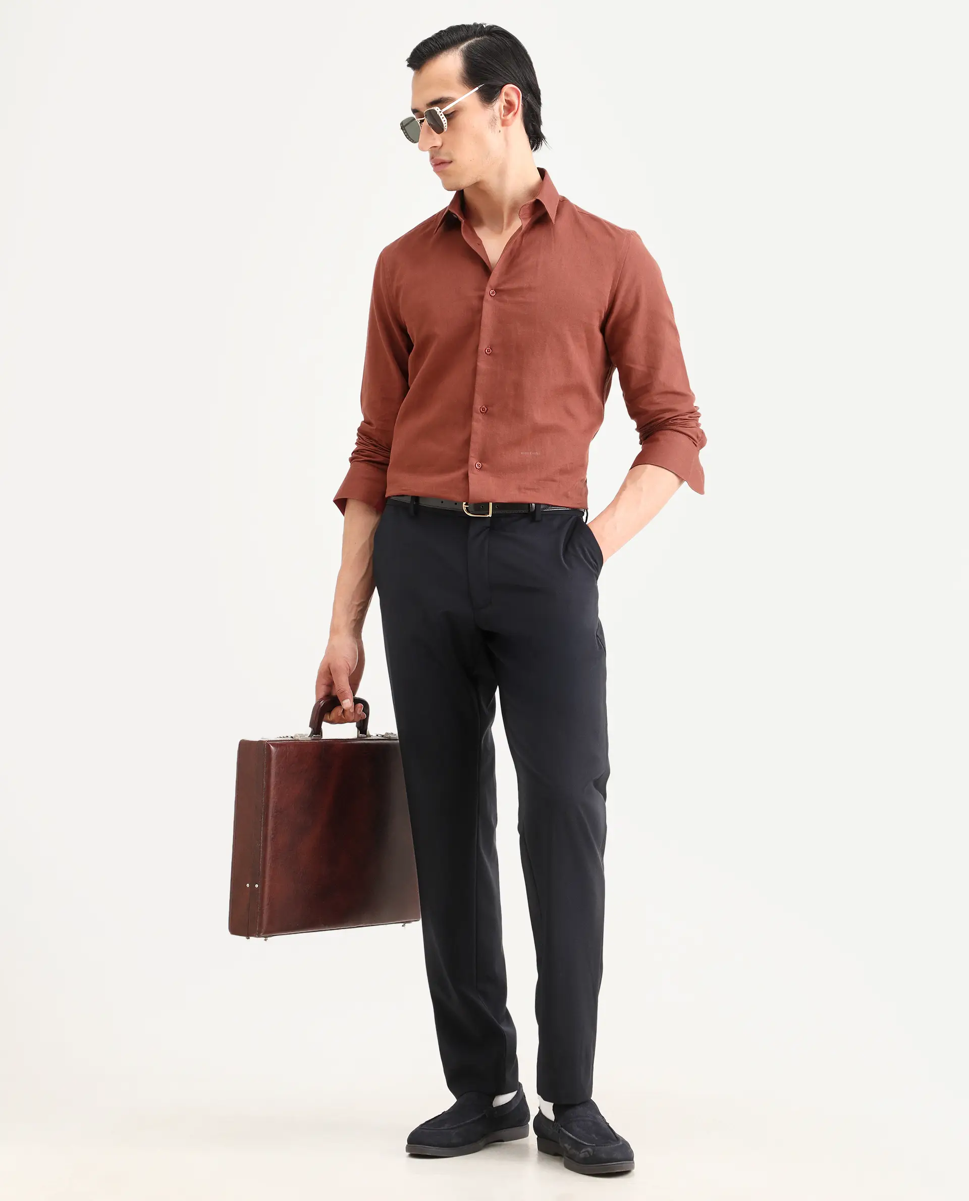 Rare Rabbit Men's Linox Light Rust Cotton Blend Fabric Full Sleeve Spread Collar Regular Fit Plain Shirt - Image 2
