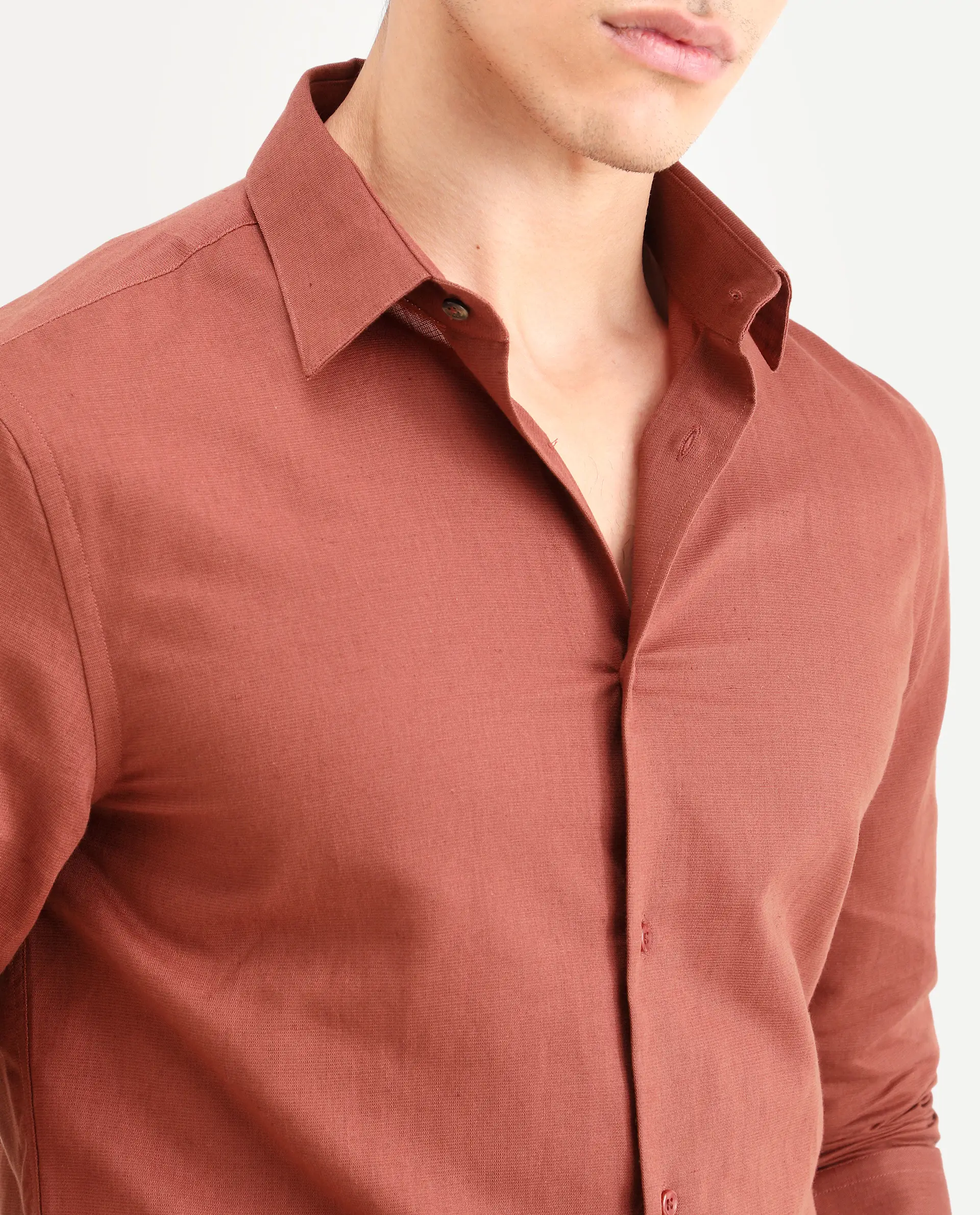 Rare Rabbit Men's Linox Light Rust Cotton Blend Fabric Full Sleeve Spread Collar Regular Fit Plain Shirt - Image 3