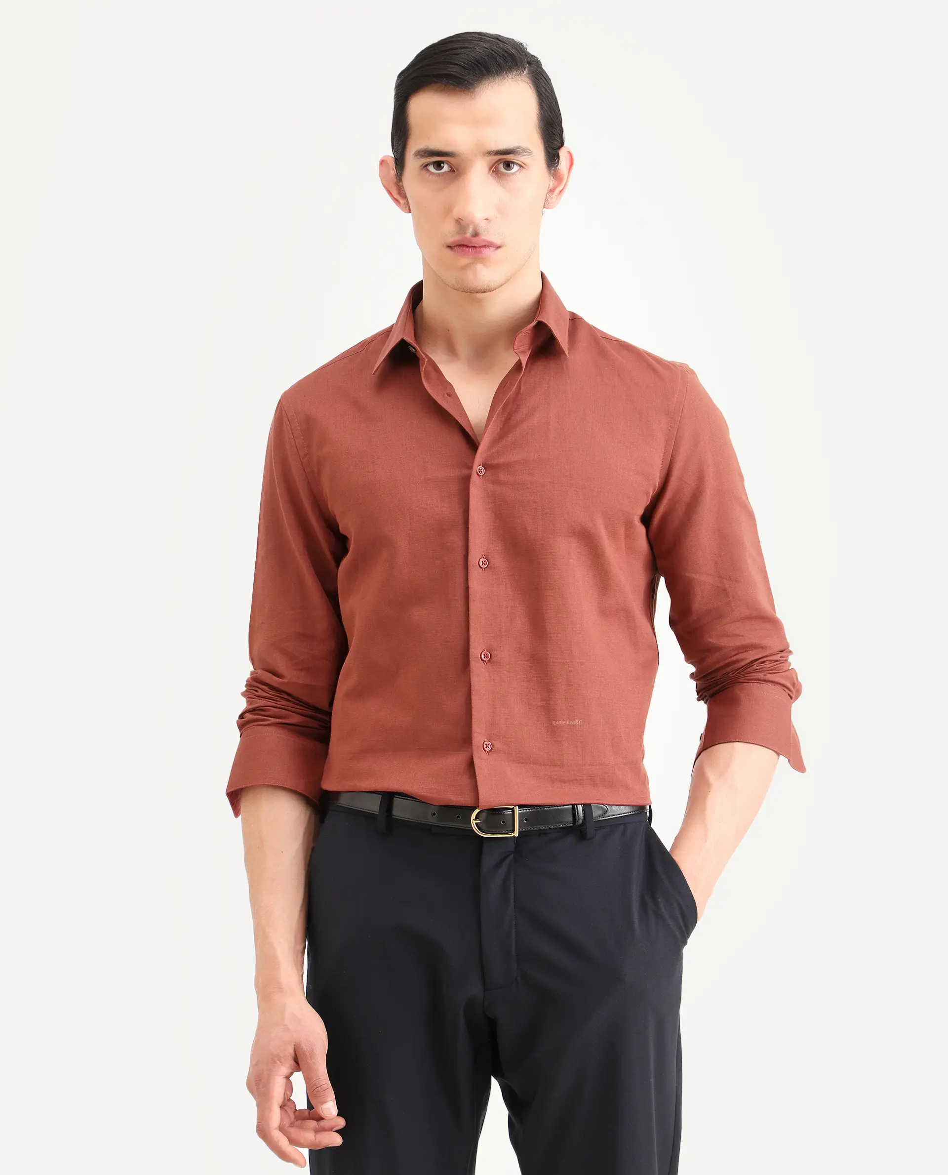 Rare Rabbit Men's Linox Light Rust Cotton Blend Fabric Full Sleeve Spread Collar Regular Fit Plain Shirt - Image 4