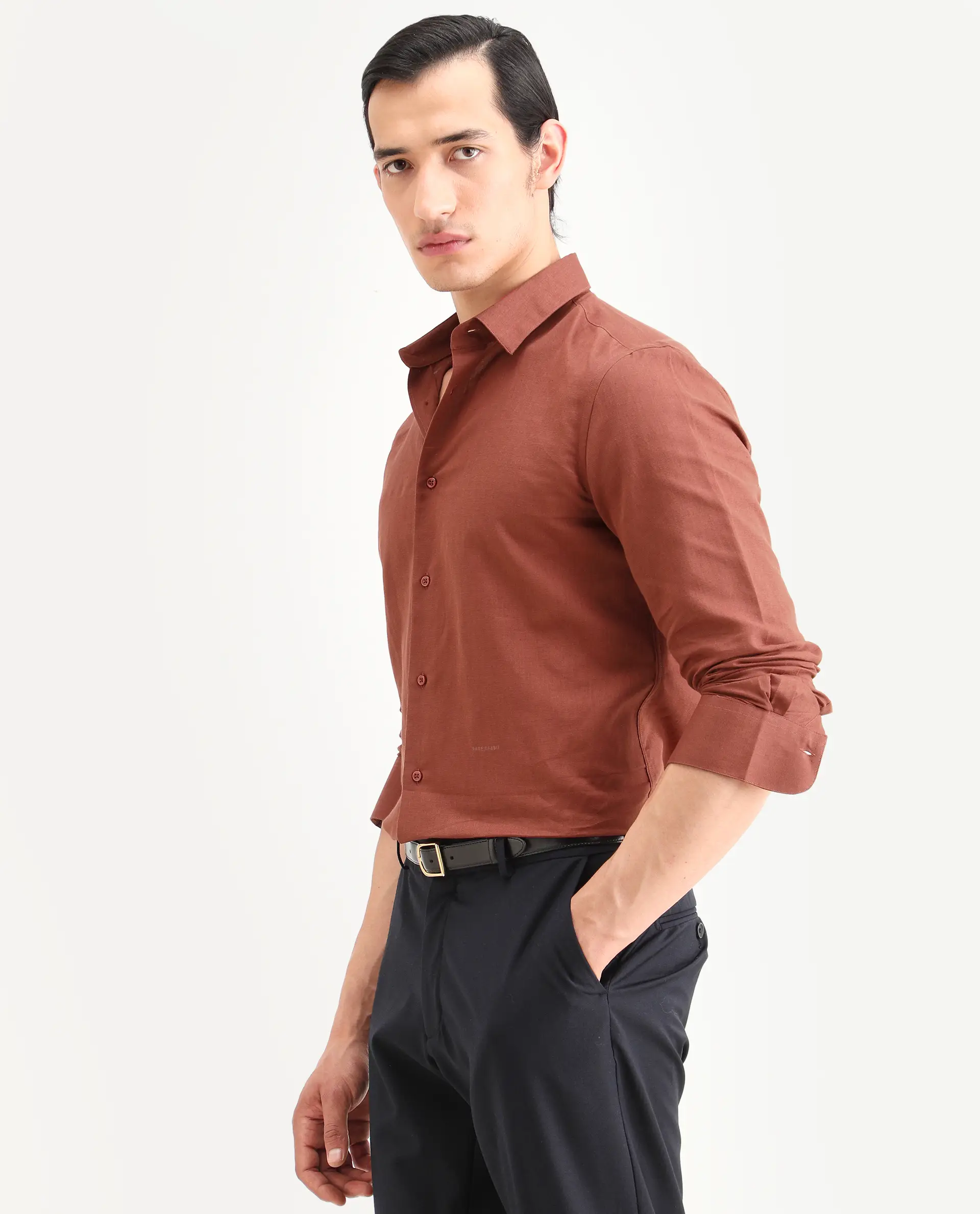 Rare Rabbit Men's Linox Light Rust Cotton Blend Fabric Full Sleeve Spread Collar Regular Fit Plain Shirt - Image 5