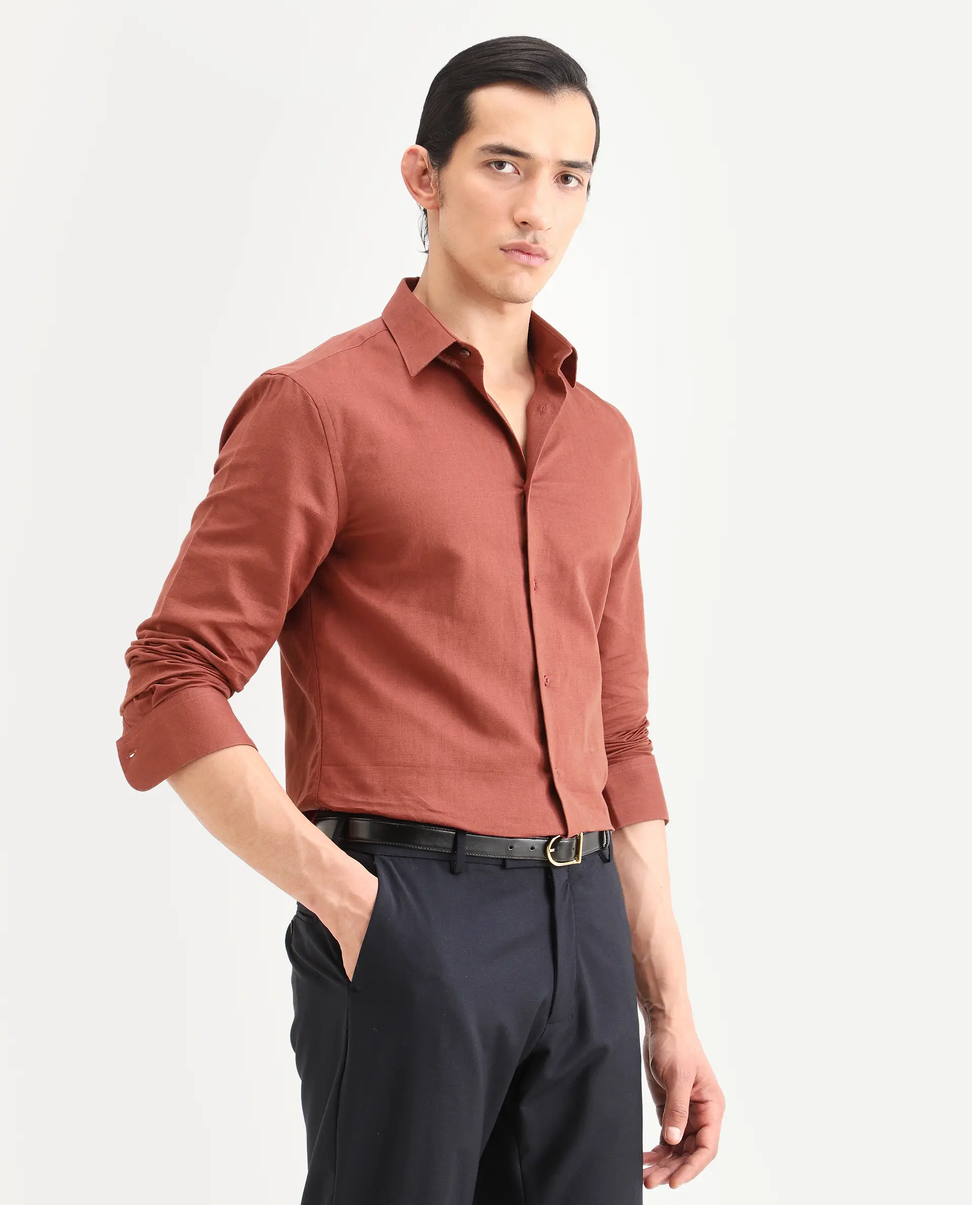 Rare Rabbit Men's Linox Light Rust Cotton Blend Fabric Full Sleeve Spread Collar Regular Fit Plain Shirt - Image 6