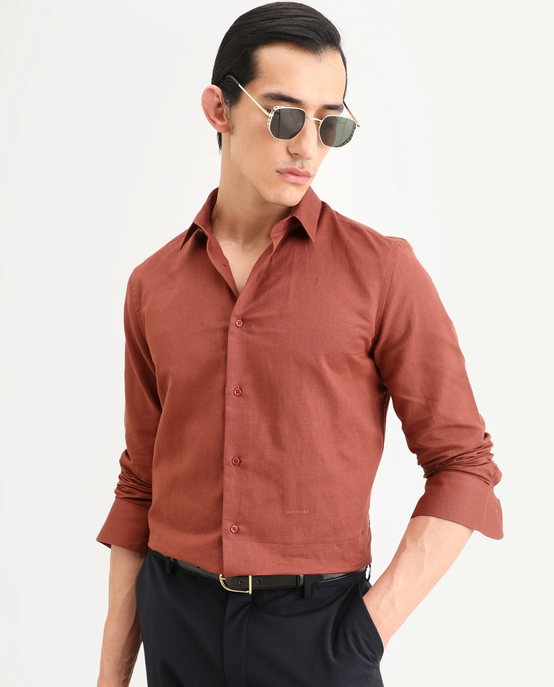 Rare Rabbit Men's Linox Light Rust Cotton Blend Fabric Full Sleeve Spread Collar Regular Fit Plain Shirt - Image 7