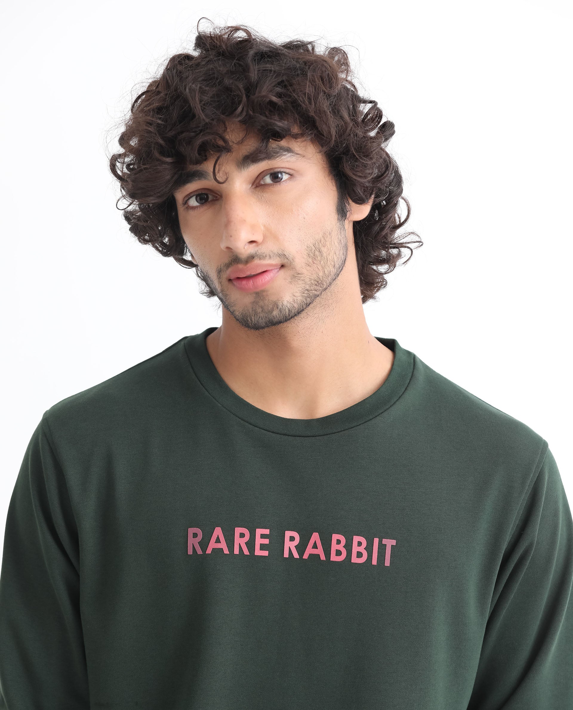 Rare Rabbit Men's Lintz Green Cotton Graphic Print Regular Fit Full Sleeve Crew Neck Sweatshirt