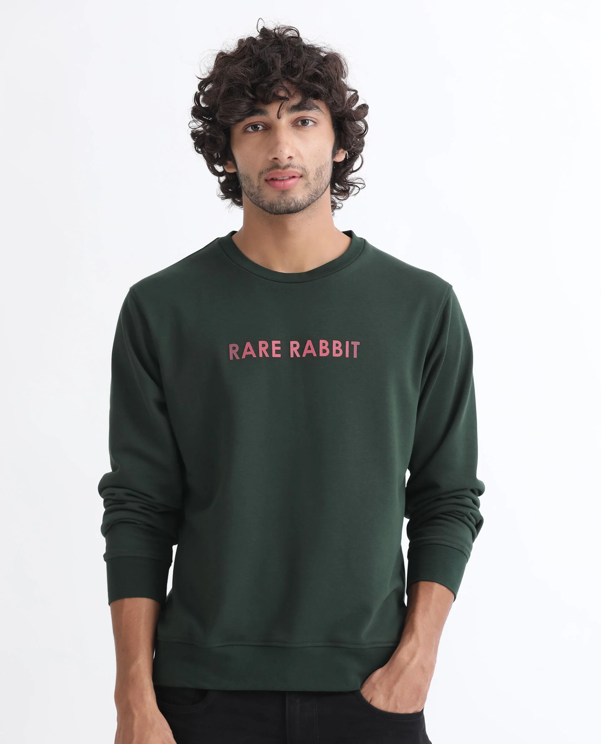 Rare Rabbit Men's Lintz Green Cotton Graphic Print Regular Fit Full Sleeve Crew Neck Sweatshirt - Image 2