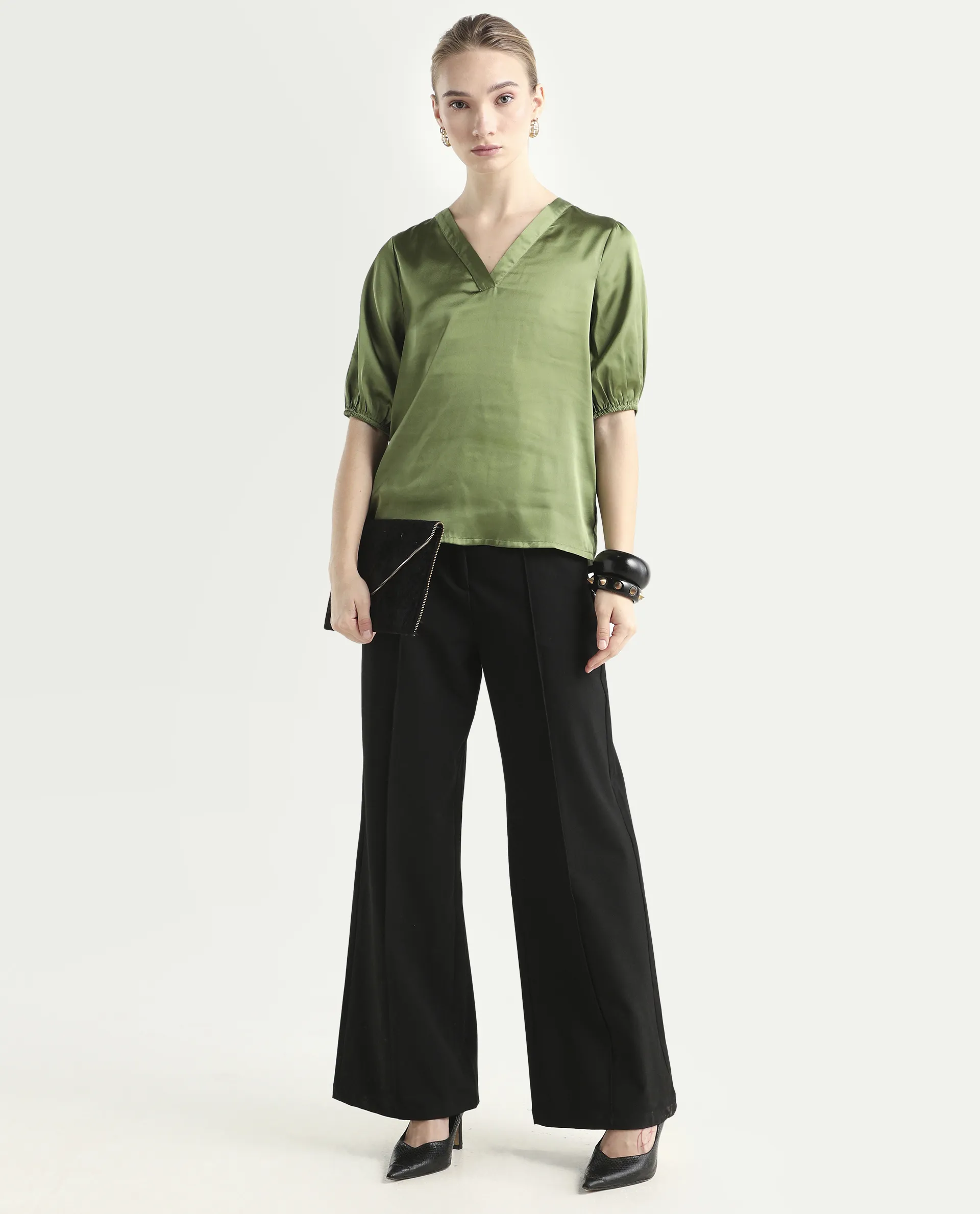 Rareism Women's Linus Dark Green Polyester V-Neck Plain Extended Sleeves Regular Fit Top - Image 2