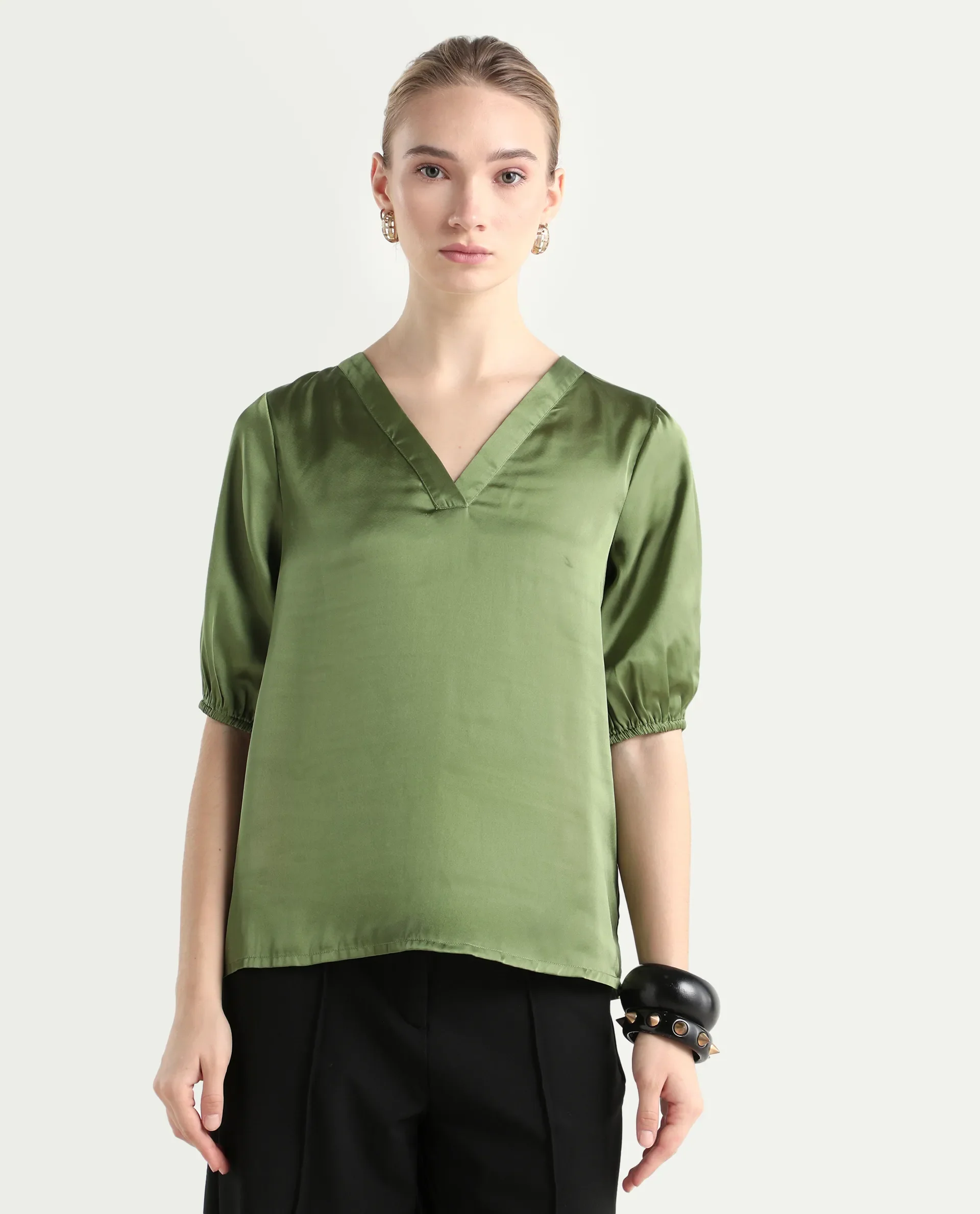 Rareism Women's Linus Dark Green Polyester V-Neck Plain Extended Sleeves Regular Fit Top - Image 3