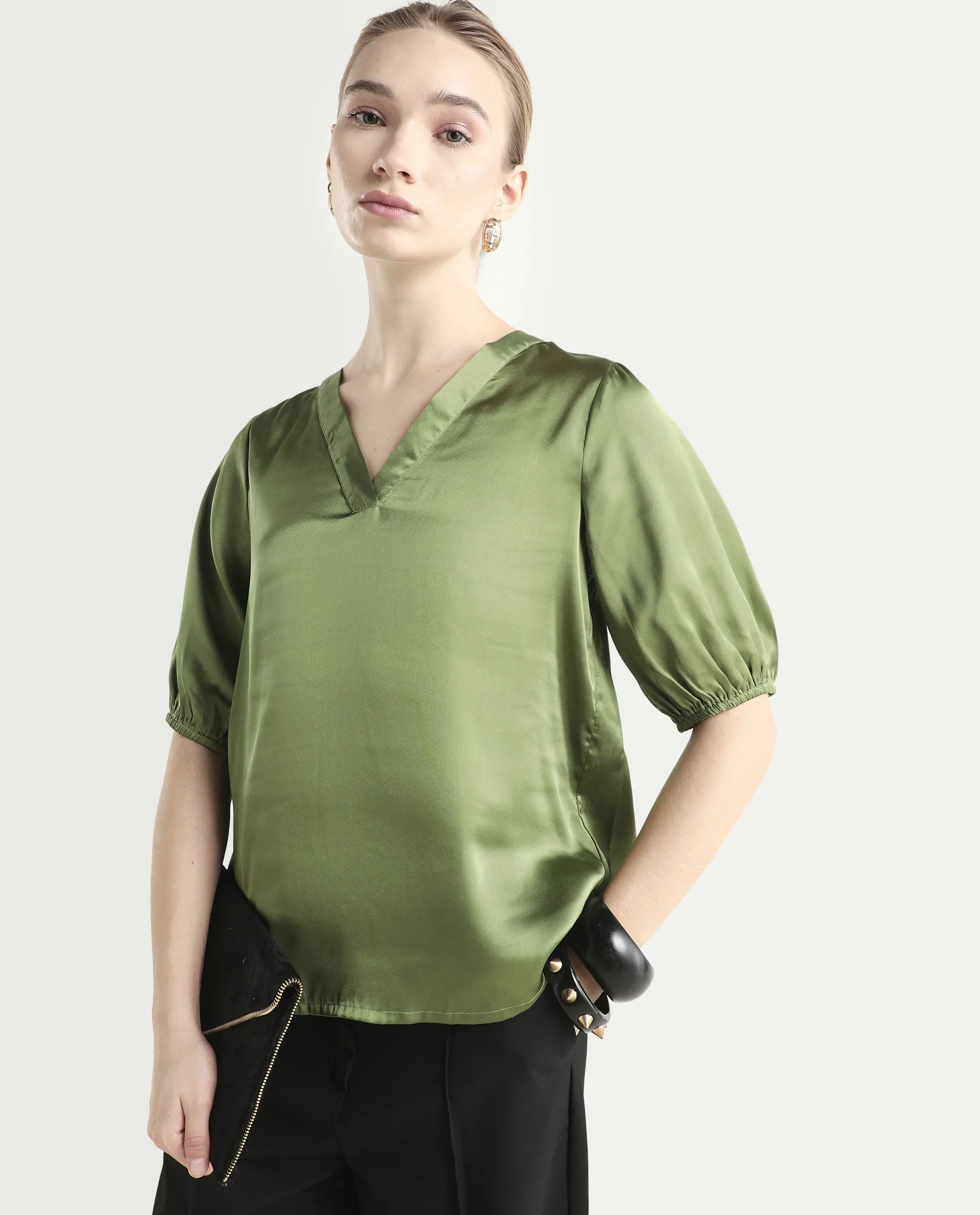 Rareism Women's Linus Dark Green Polyester V-Neck Plain Extended Sleeves Regular Fit Top - Image 4
