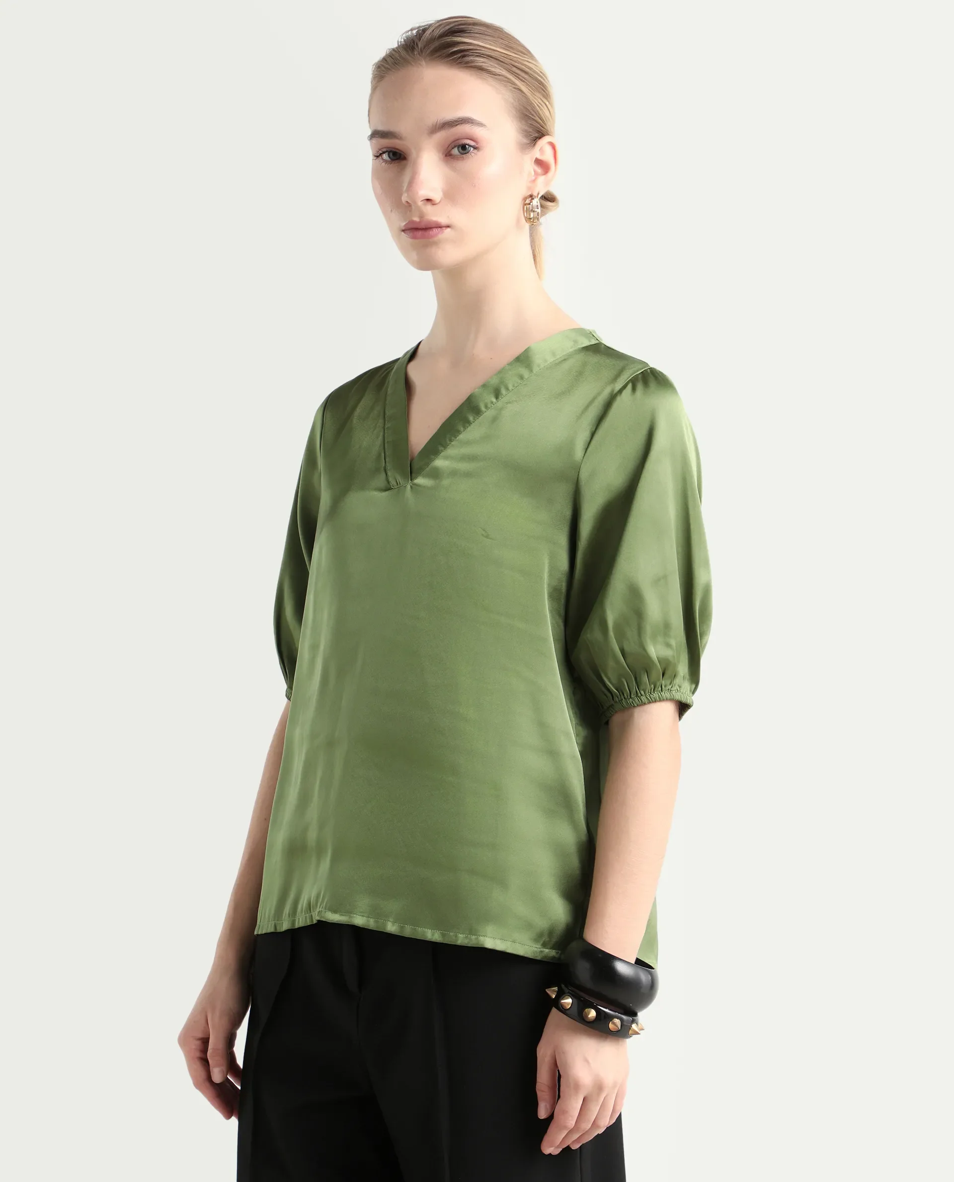 Rareism Women's Linus Dark Green Polyester V-Neck Plain Extended Sleeves Regular Fit Top - Image 5
