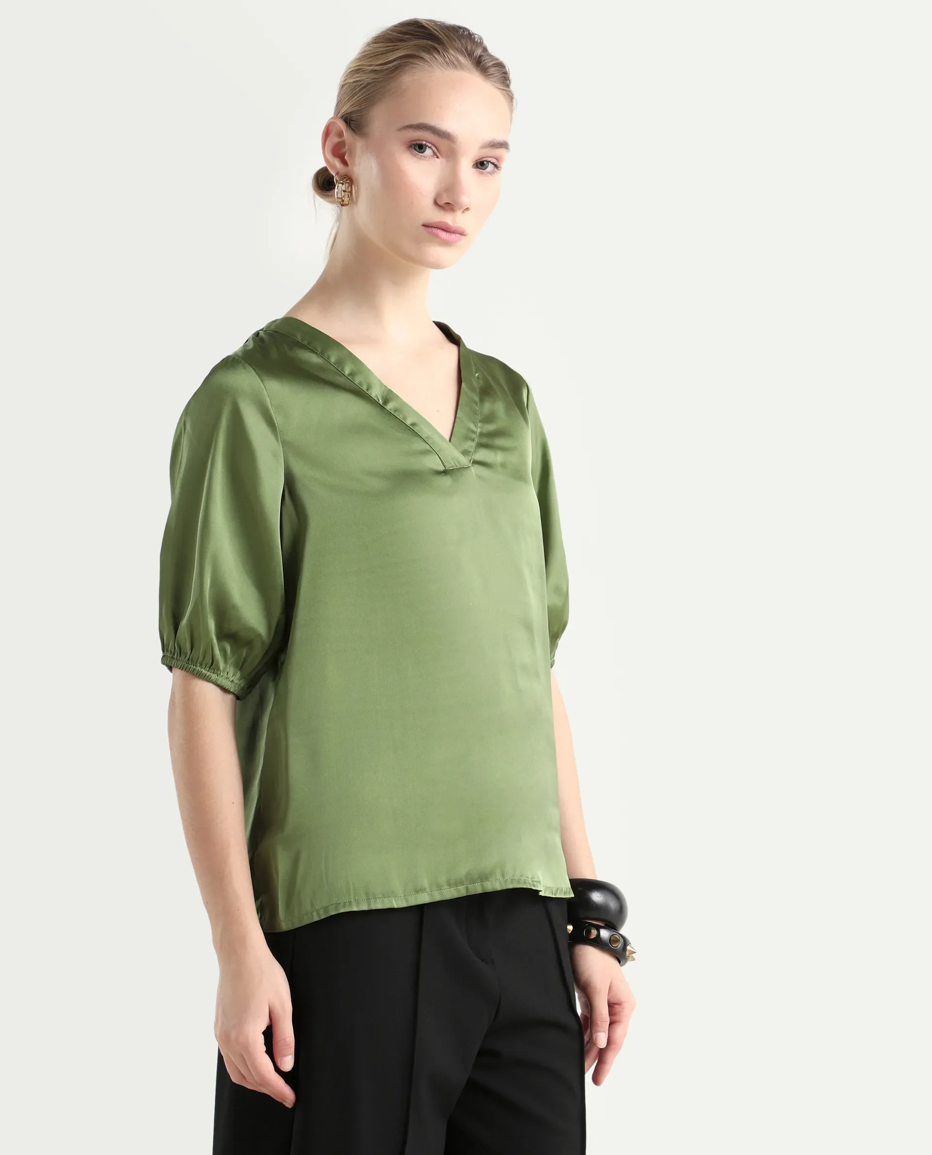 Rareism Women's Linus Dark Green Polyester V-Neck Plain Extended Sleeves Regular Fit Top - Image 6