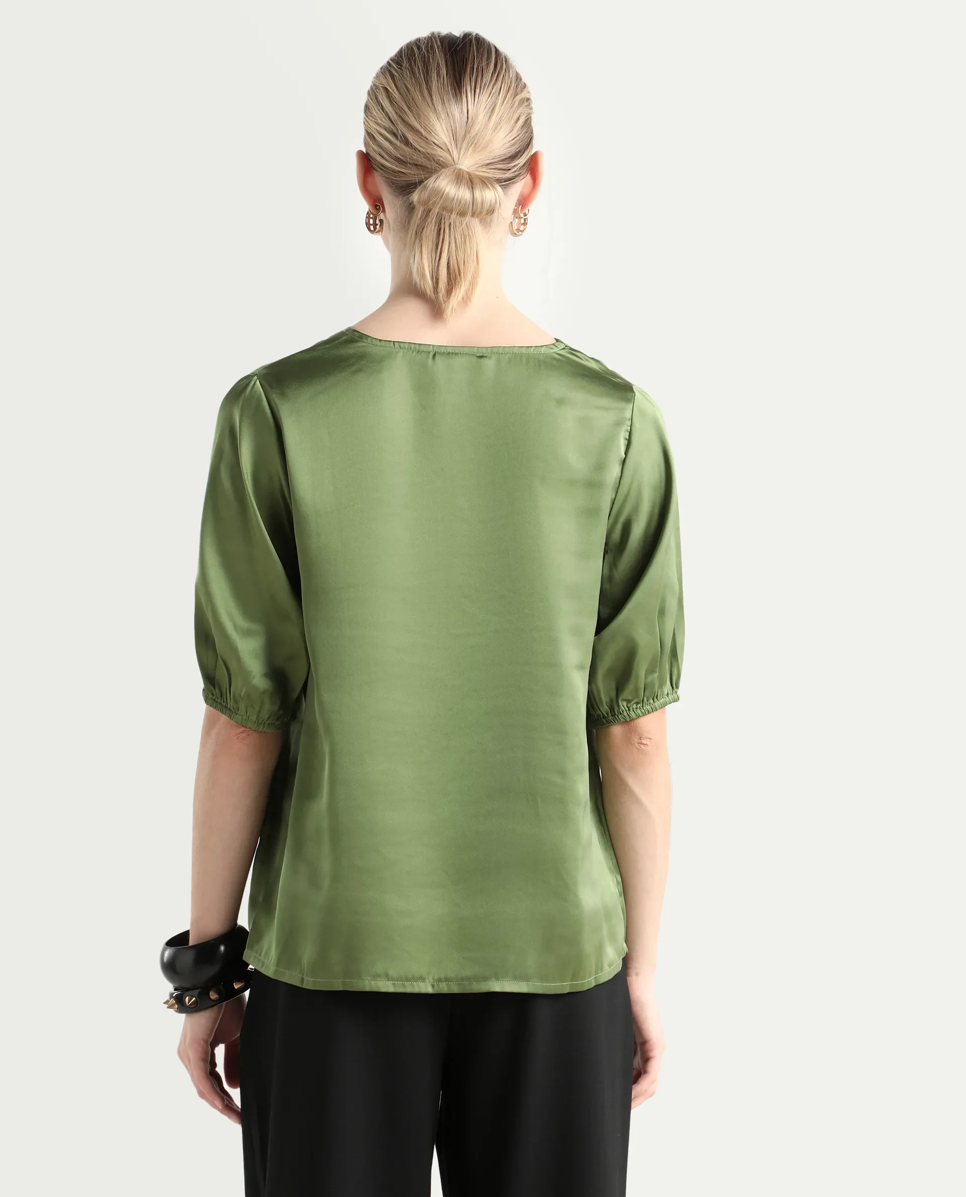 Rareism Women's Linus Dark Green Polyester V-Neck Plain Extended Sleeves Regular Fit Top - Image 7