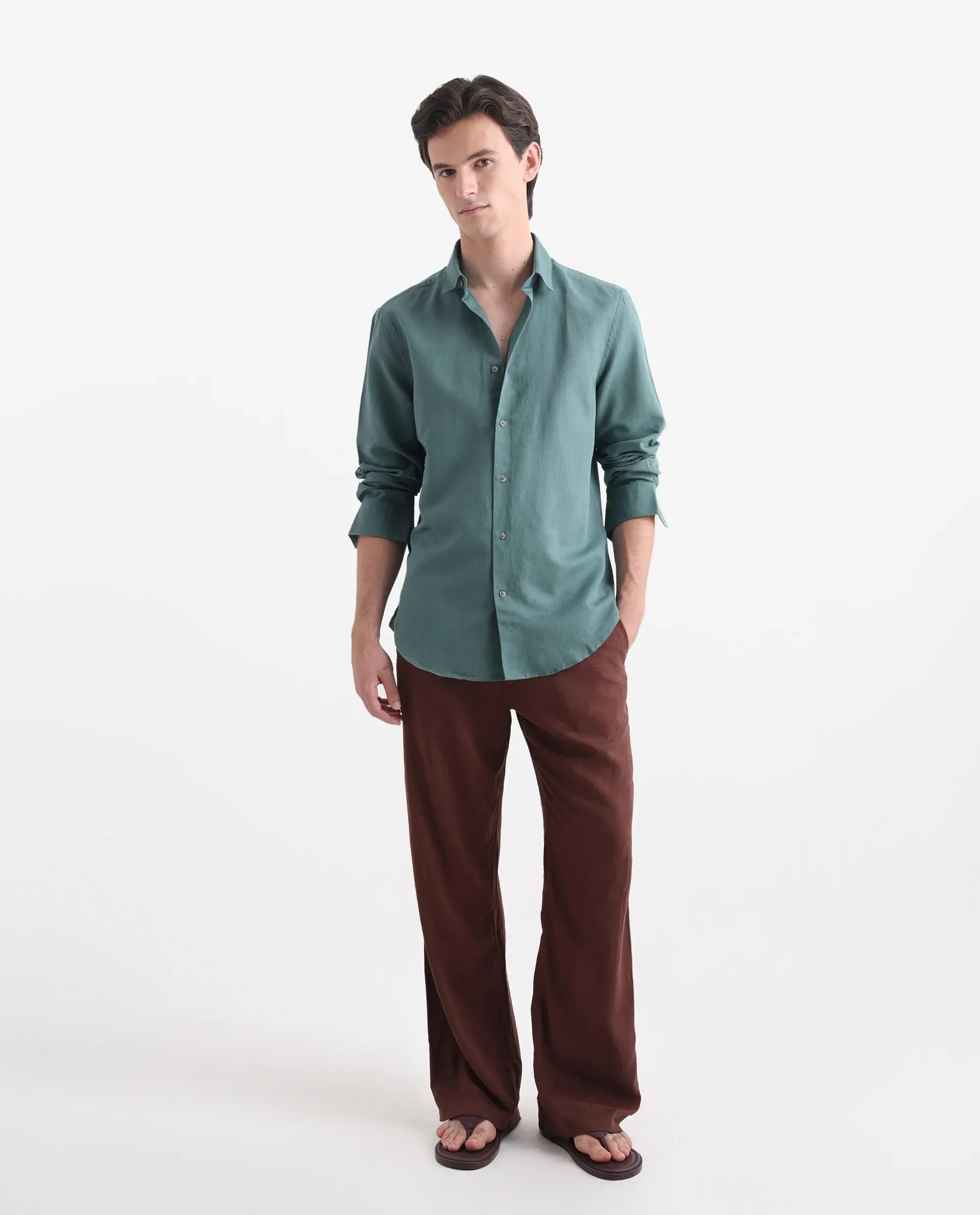 Rare Rabbit Men's Linux Green Linen Blend Plain Regular Fit Full Sleeve Collared Shirt - Image 2