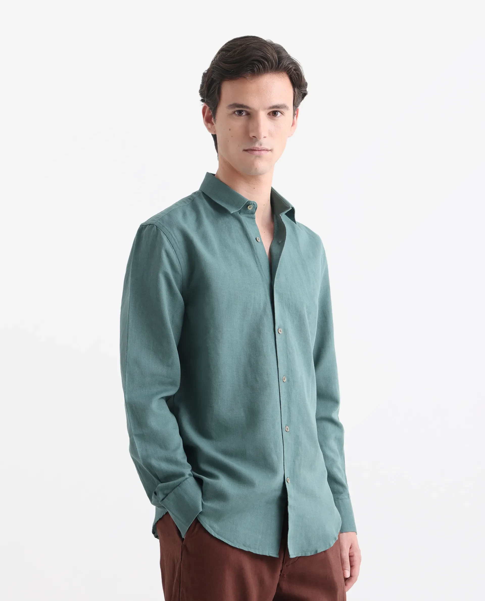 Rare Rabbit Men's Linux Green Linen Blend Plain Regular Fit Full Sleeve Collared Shirt - Image 3