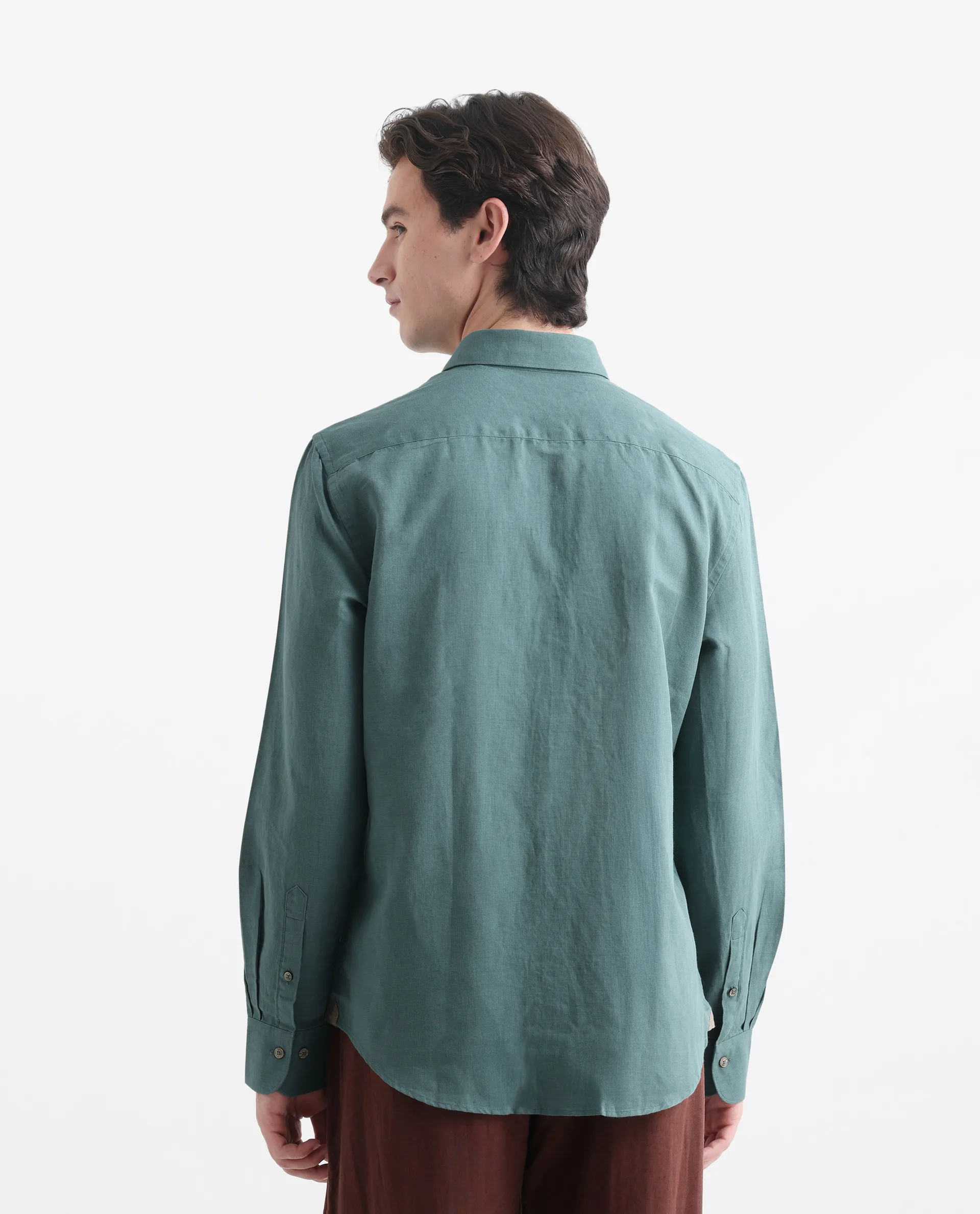 Rare Rabbit Men's Linux Green Linen Blend Plain Regular Fit Full Sleeve Collared Shirt - Image 4