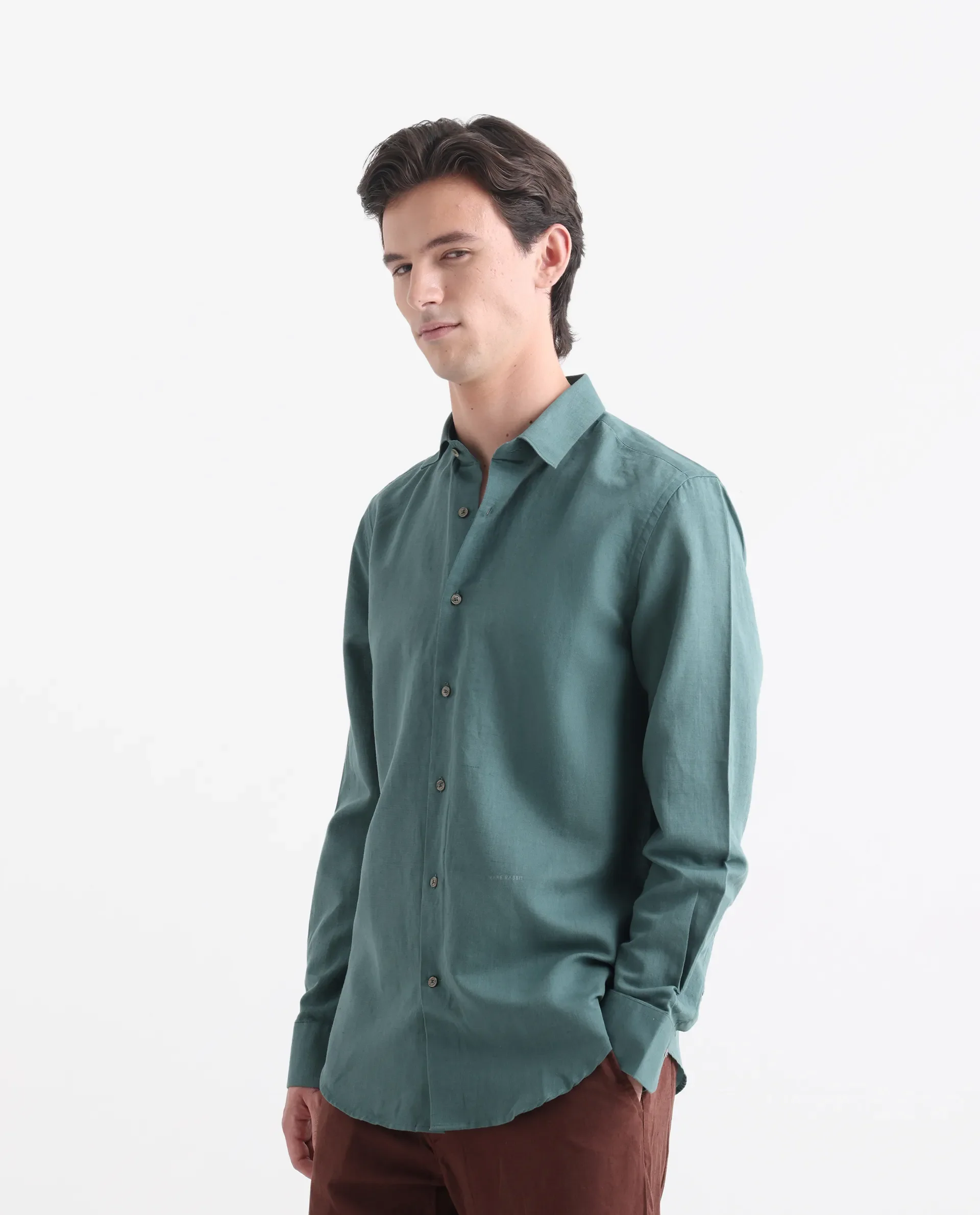Rare Rabbit Men's Linux Green Linen Blend Plain Regular Fit Full Sleeve Collared Shirt - Image 5
