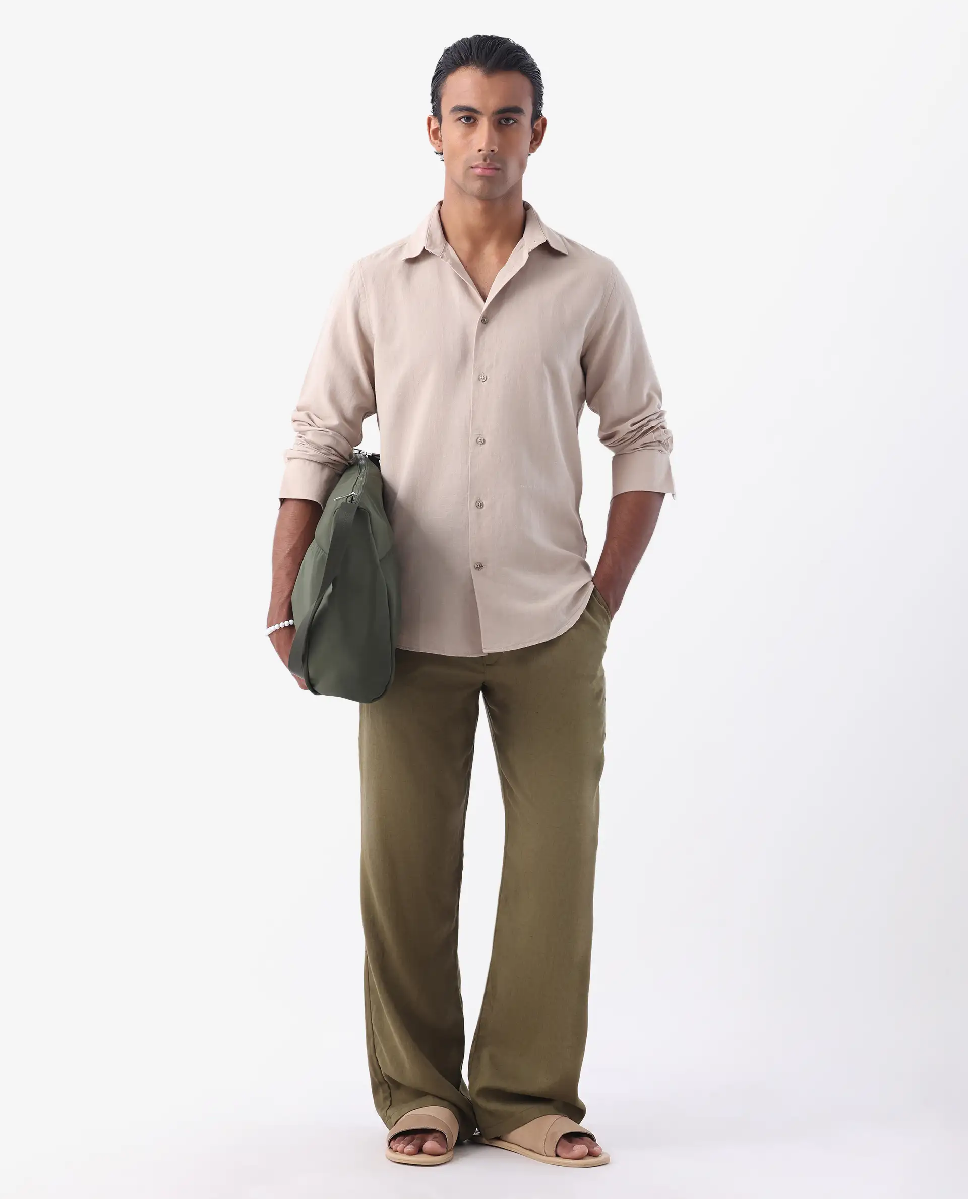 Rare Rabbit Men's Linux Light Beige Linen Blend Plain Regular Fit Full Sleeve Collared Shirt - Image 2
